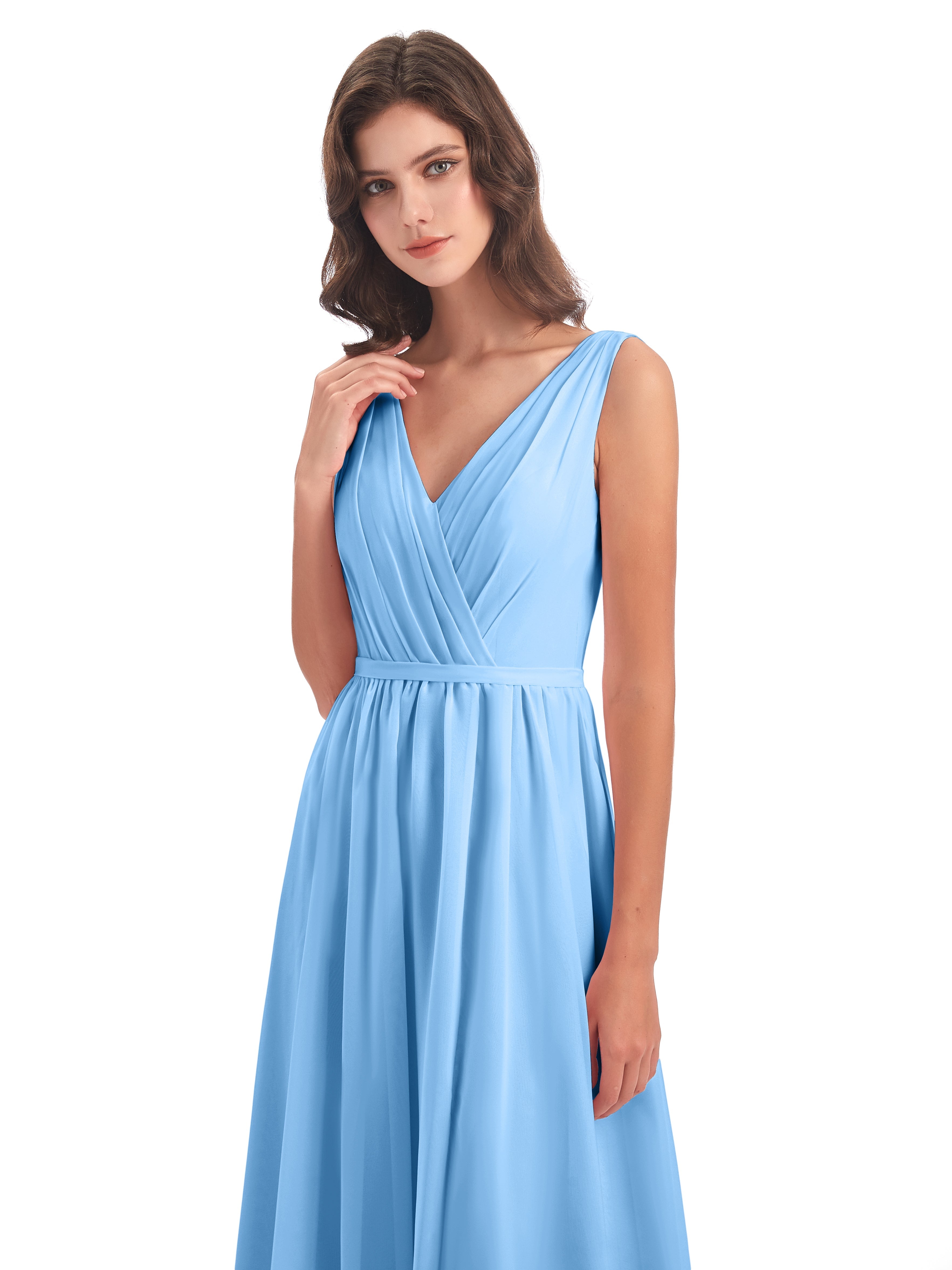 Robe Longue Demoiselle D Honneur Bleu Fourreau/Colonne Col V Mousseline Robes Demoiselle D'Honneur