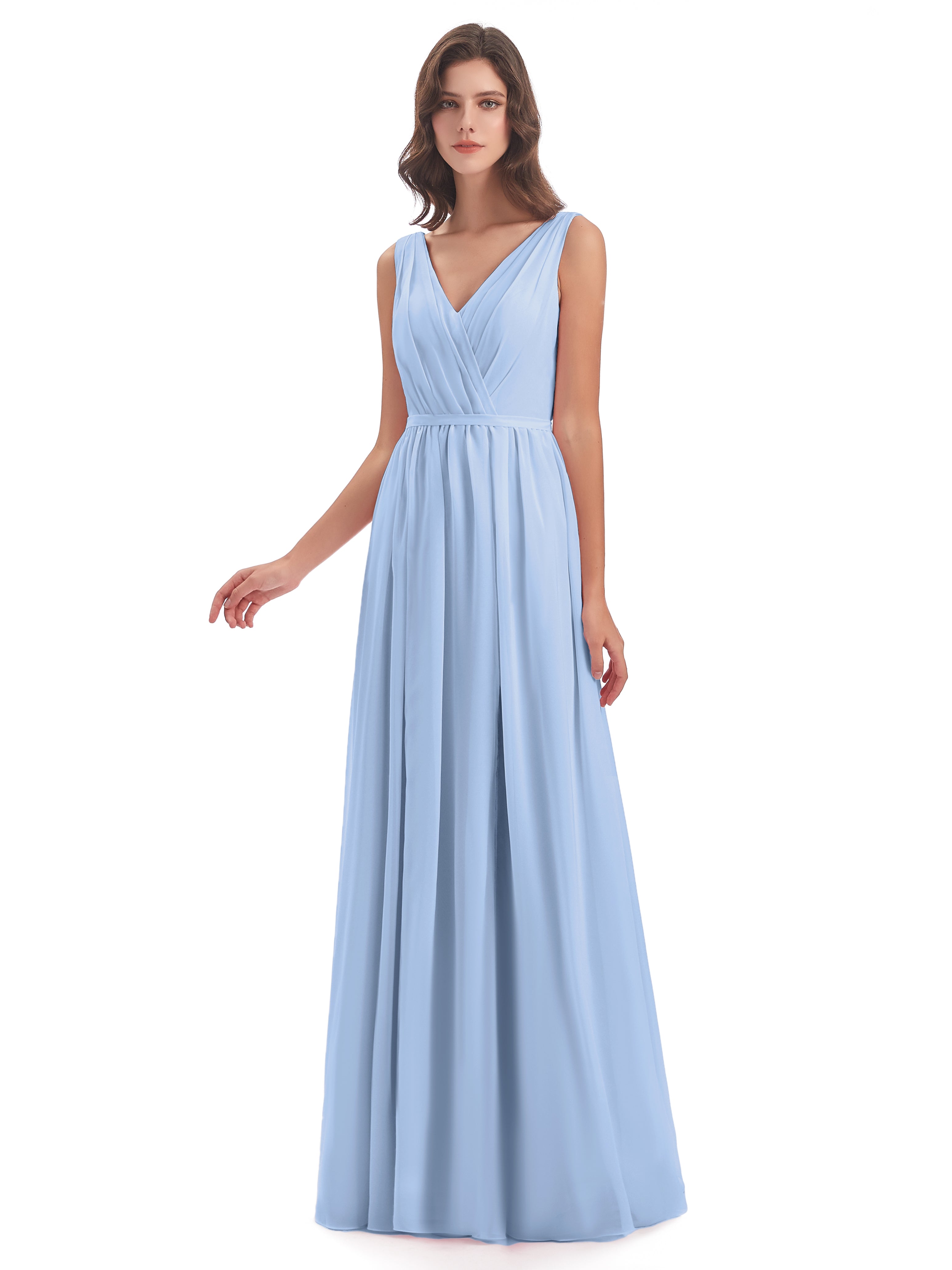 Demoiselle D Honneur Bleu Ciel Fourreau/Colonne Col V Mousseline Robes Demoiselle D'Honneur