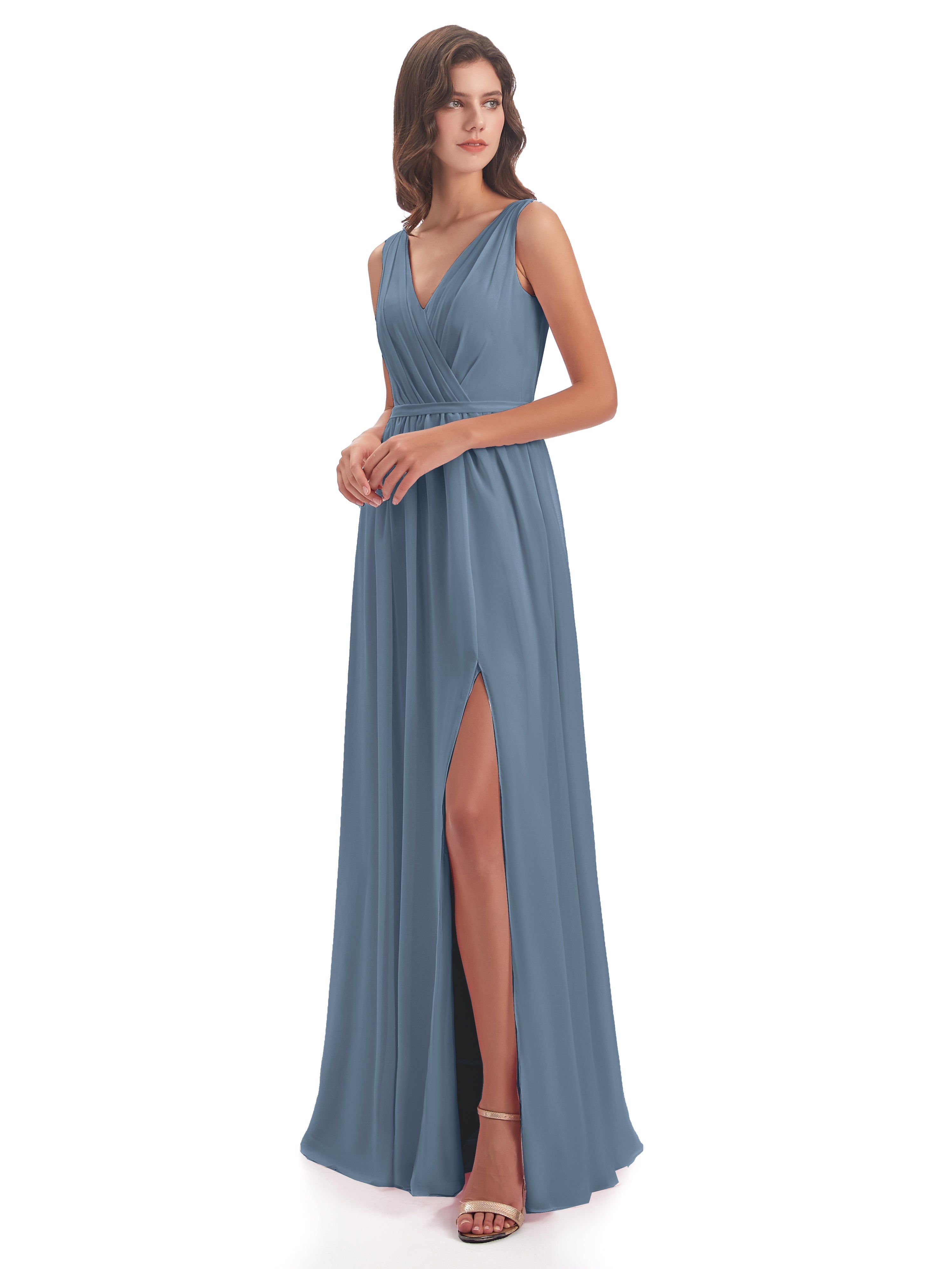 Robes De Demoiselle D'Honneur Bleu De Schiste Fourreau/Colonne Col V Mousseline Robes Demoiselle D'Honneur