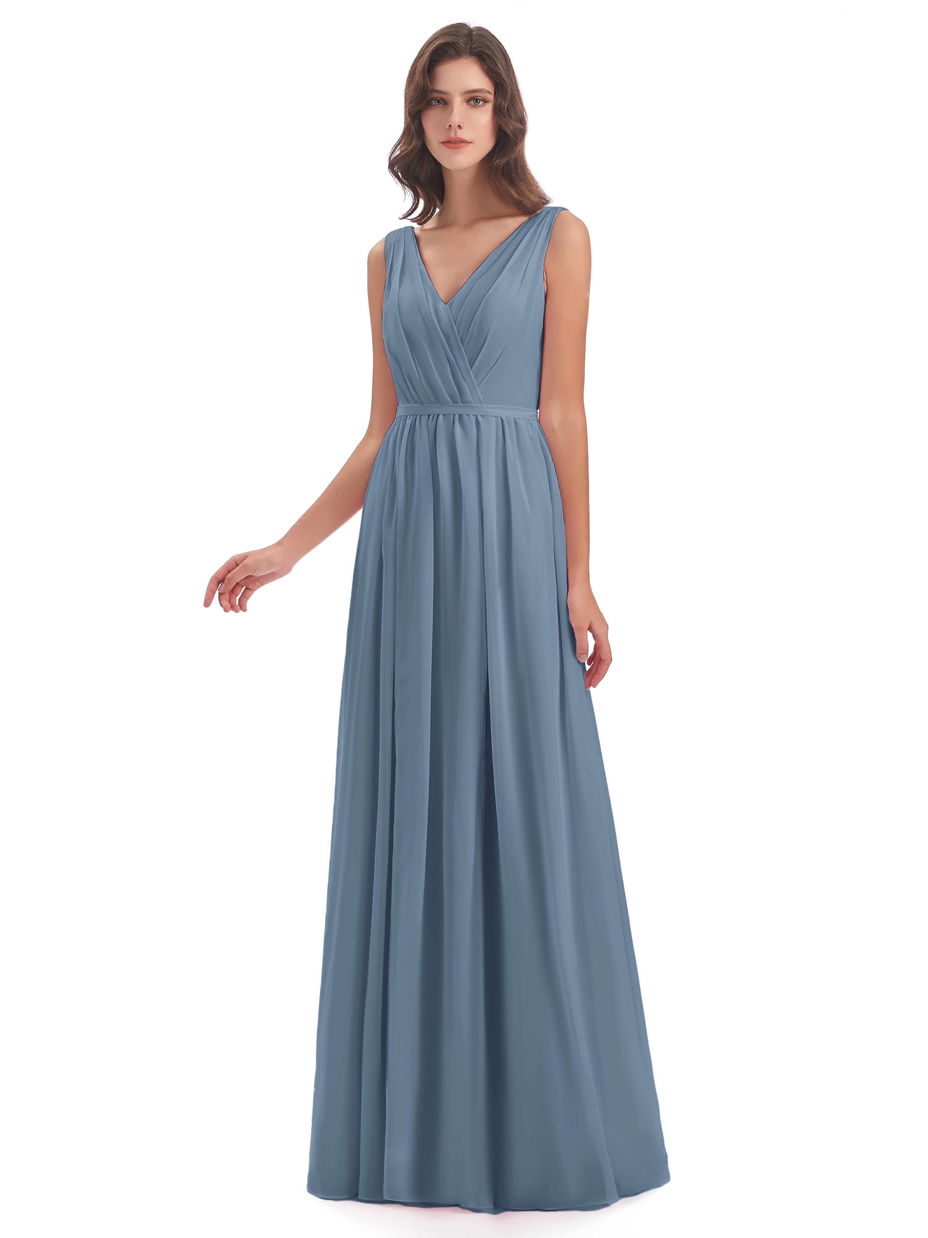 Robes De Demoiselle D'Honneur Bleu De Schiste Fourreau/Colonne Col V Mousseline Robes Demoiselle D'Honneur