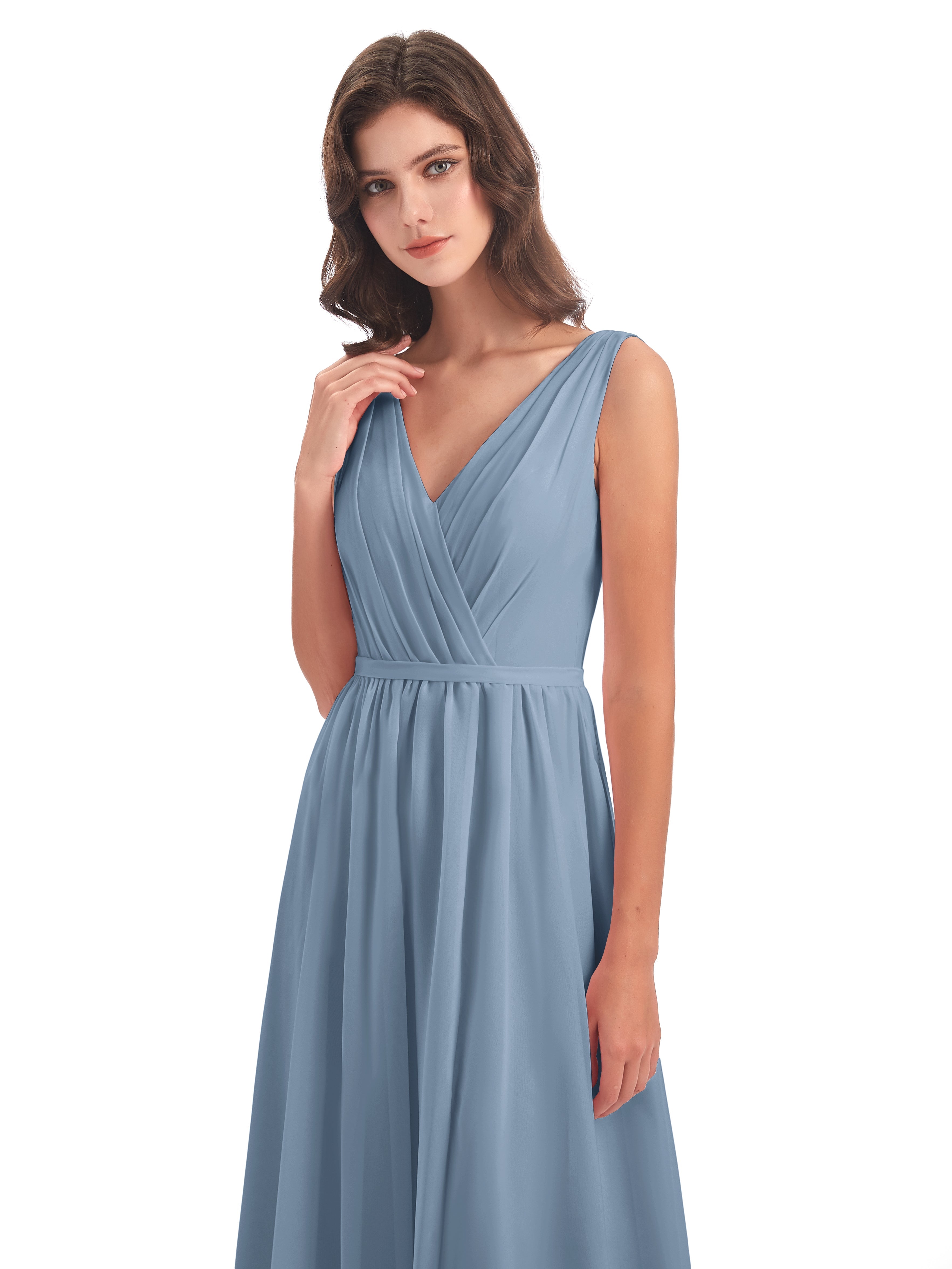 Robes De Demoiselle D'Honneur Bleu De Schiste Fourreau/Colonne Col V Mousseline Robes Demoiselle D'Honneur