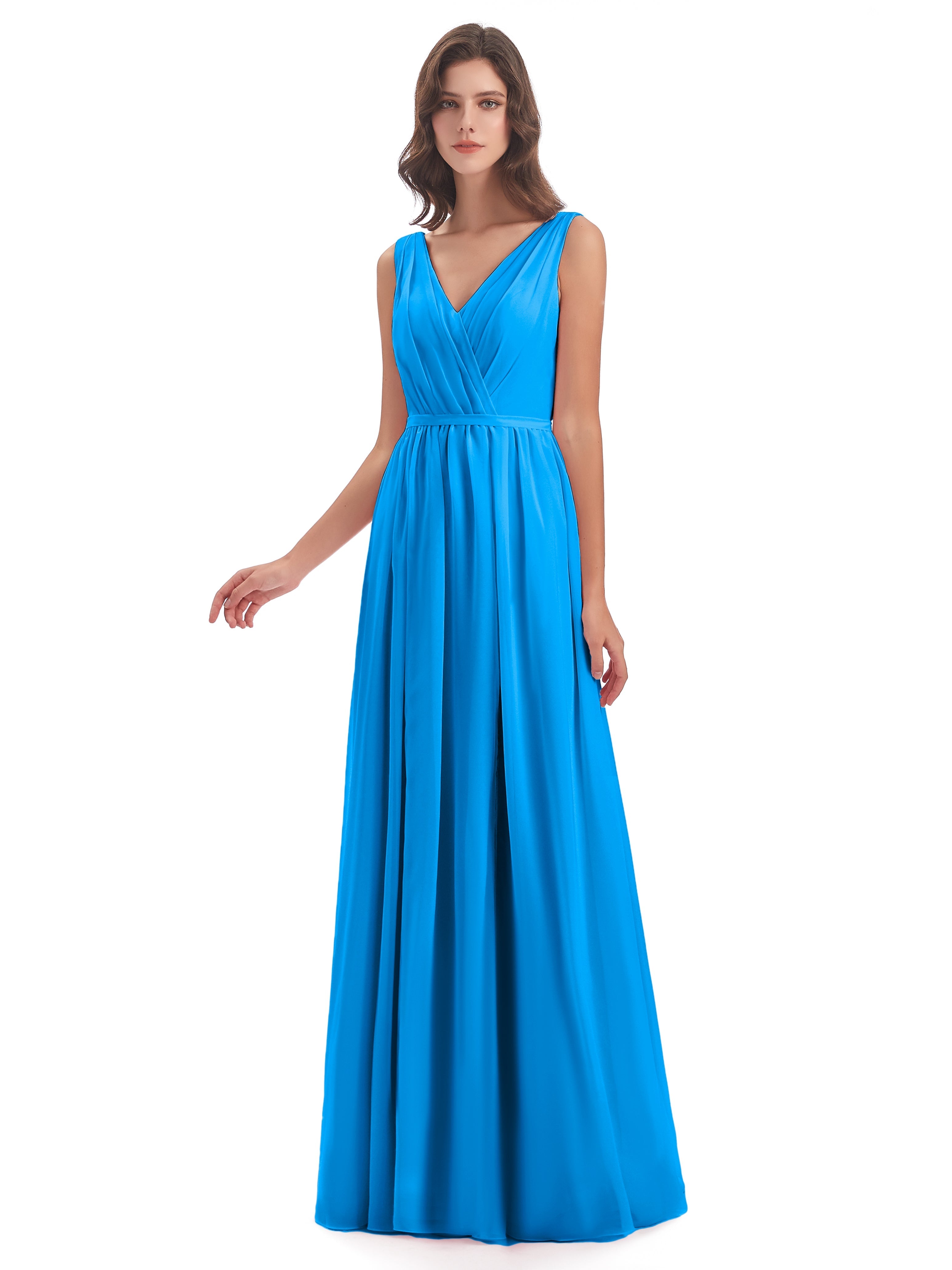 Robes De Demoiselle D'Honneur Bleu Océan Fourreau/Colonne Col V Mousseline Robes Demoiselle D'Honneur