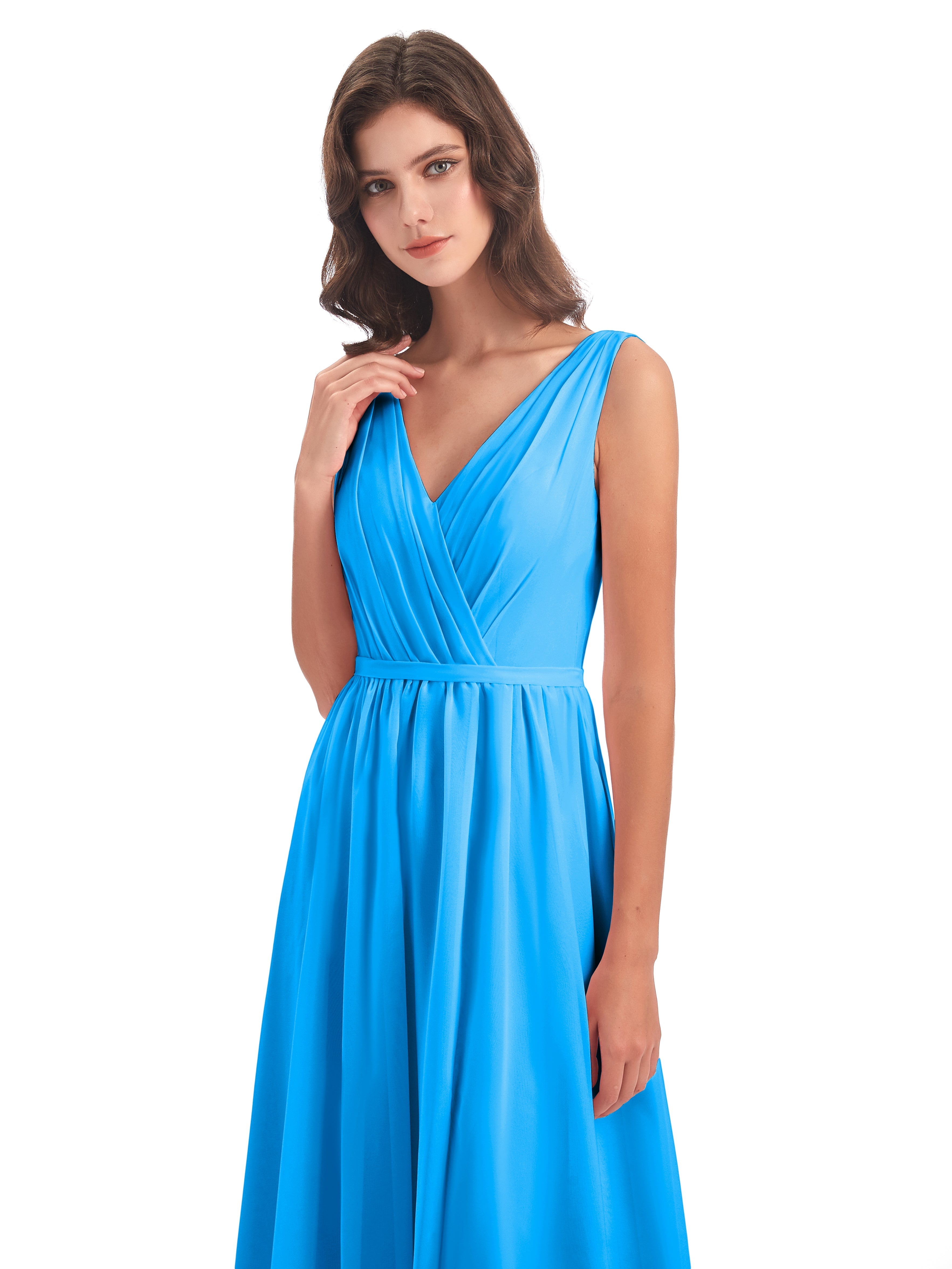 Robes De Demoiselle D'Honneur Bleu Océan Fourreau/Colonne Col V Mousseline Robes Demoiselle D'Honneur