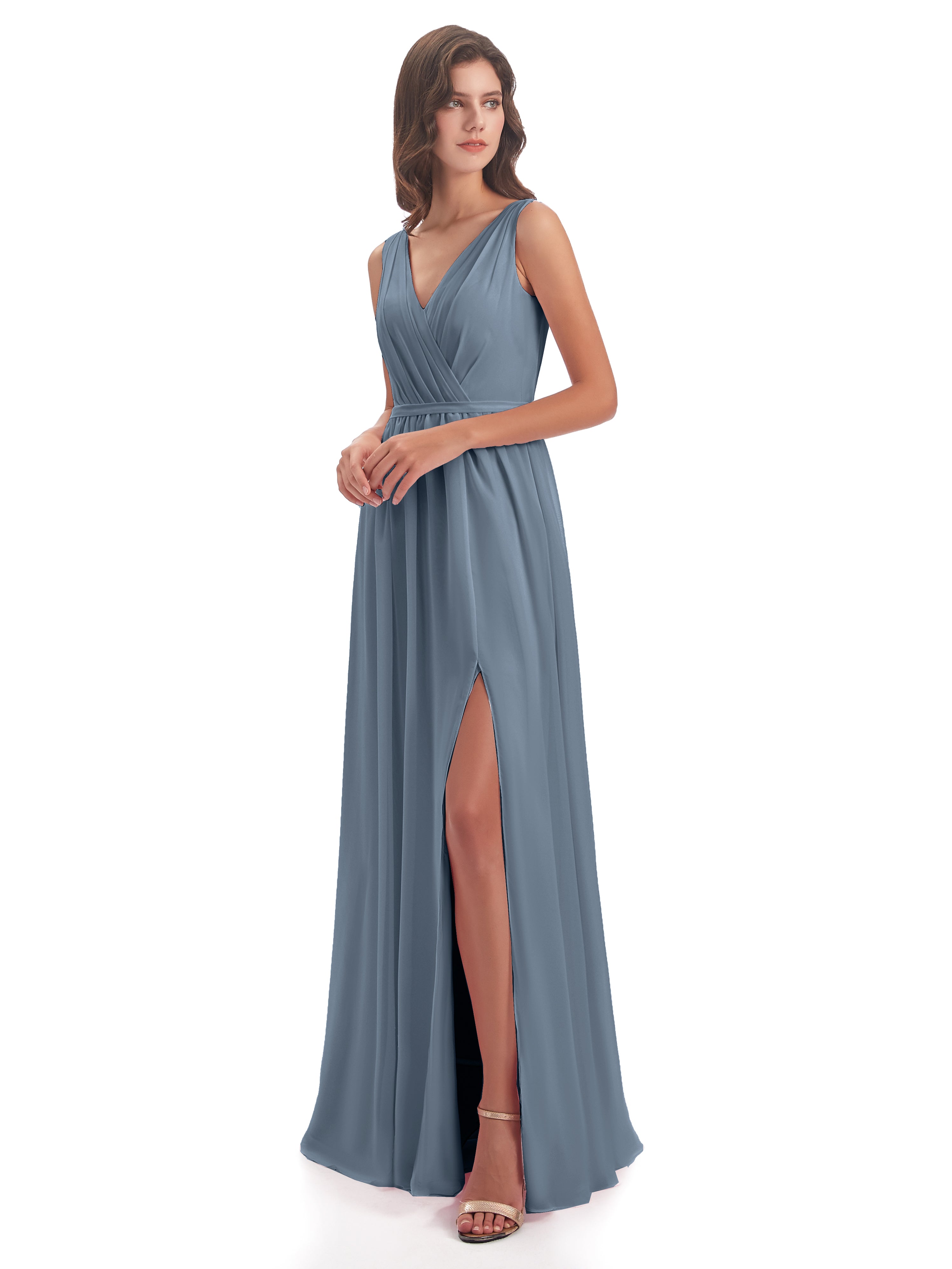 Robe Demoiselle D Honneur Bleu Poussiereux Fourreau/Colonne Col V Mousseline Robes Demoiselle D'Honneur