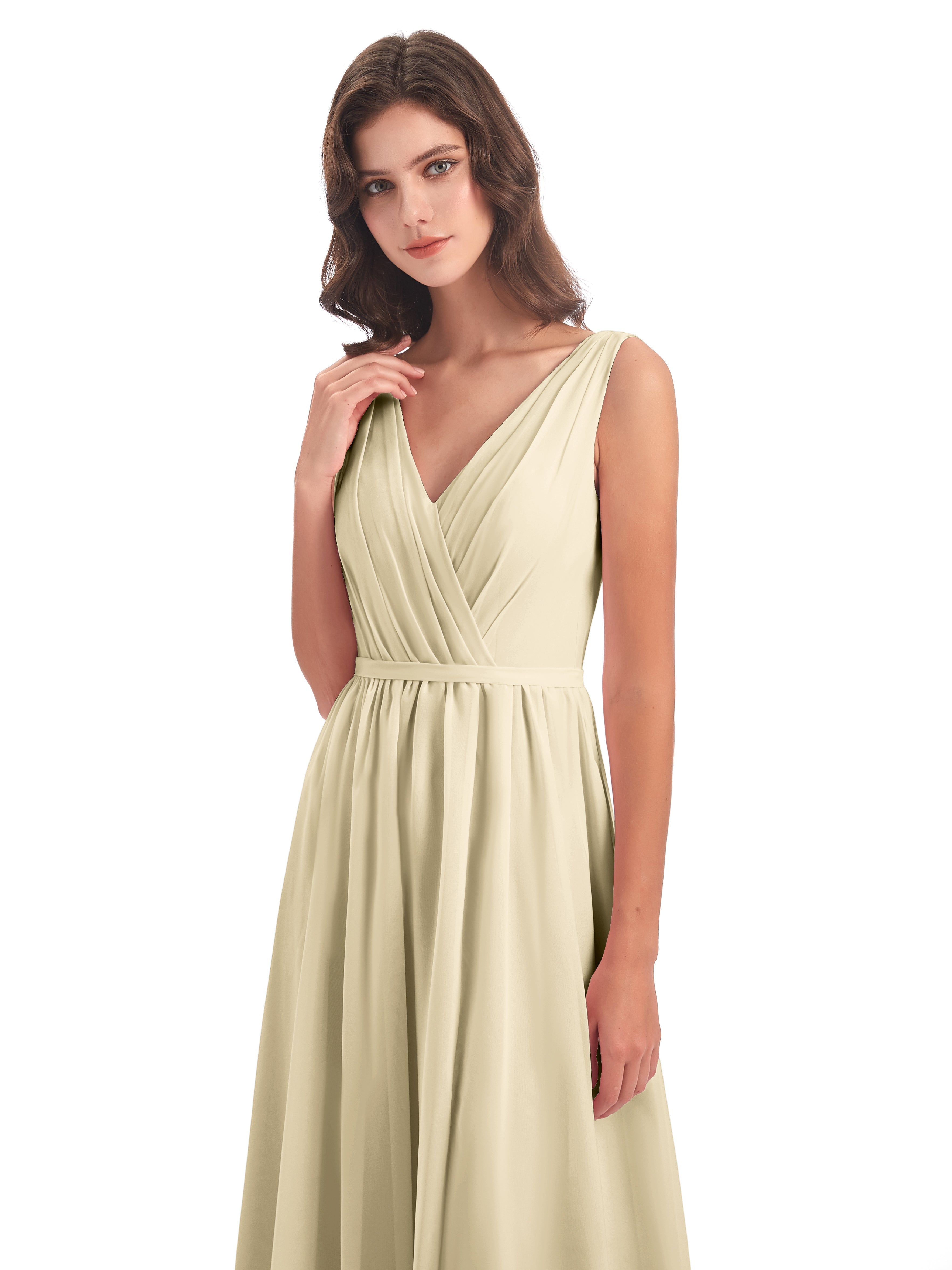 Robe Demoiselle Dhonneur Champagne Fourreau/Colonne Col V Mousseline Robes Demoiselle D'Honneur