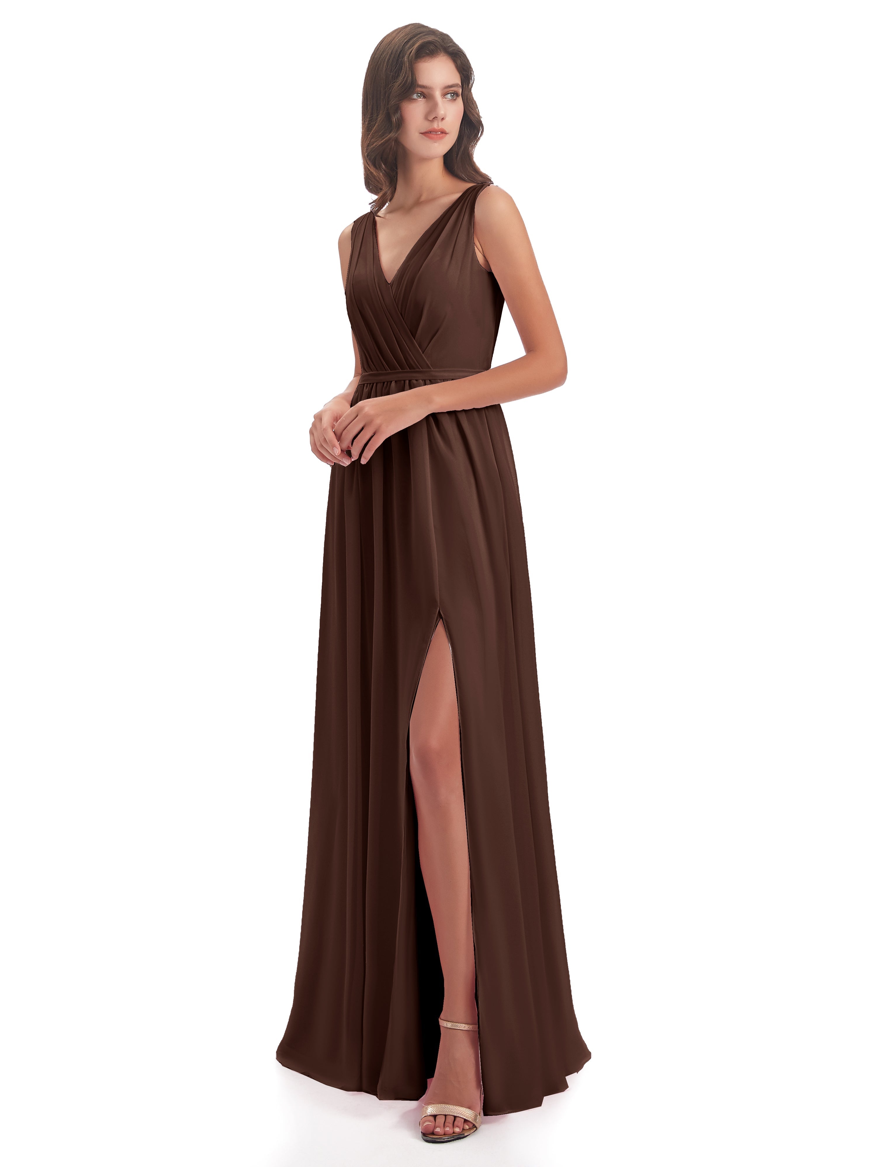 Robe Marron Chocolat Demoiselle D Honneur Fourreau/Colonne Col V Mousseline Robes Demoiselle D'Honneur