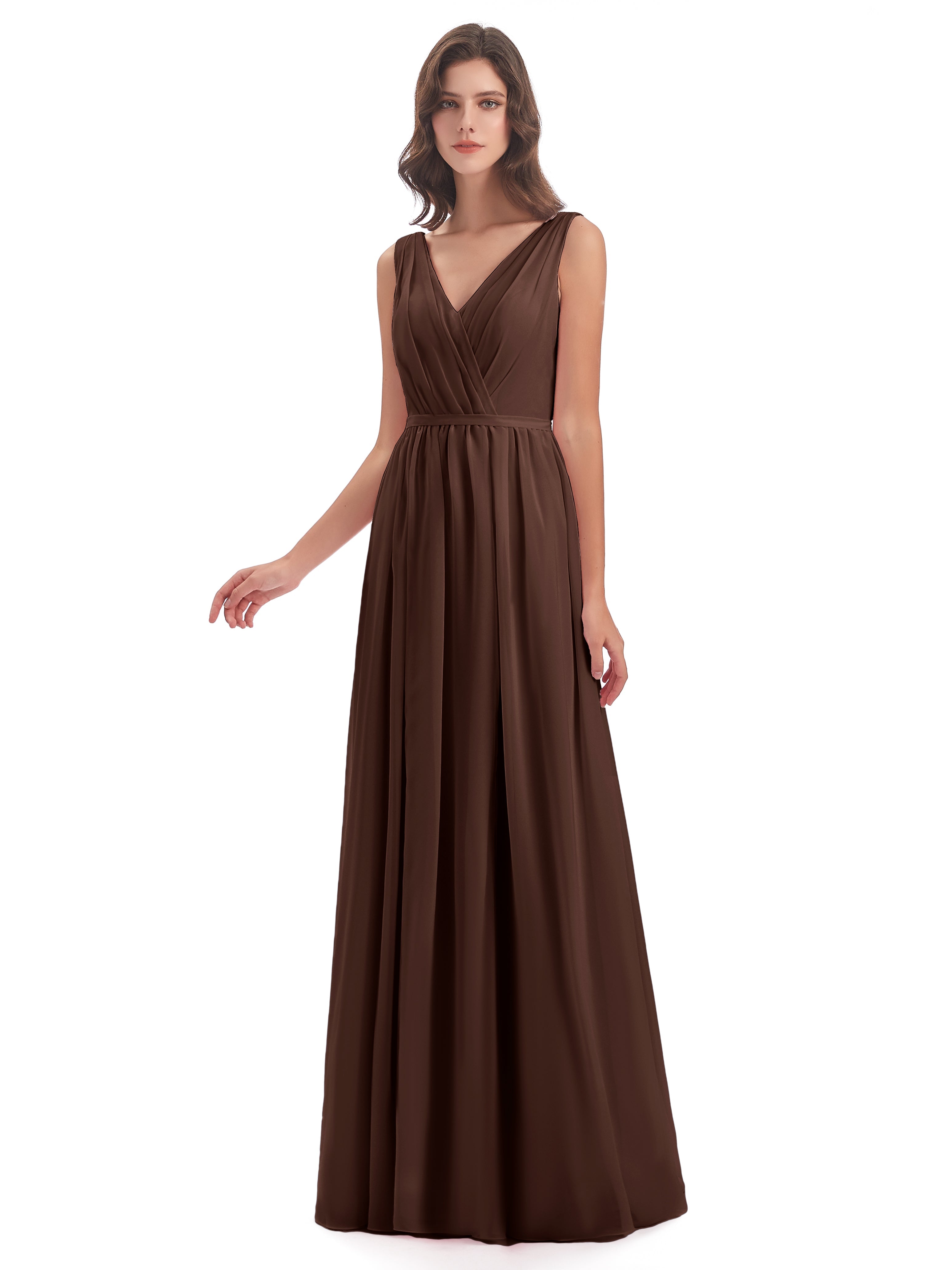 Robe Marron Chocolat Demoiselle D Honneur Fourreau/Colonne Col V Mousseline Robes Demoiselle D'Honneur