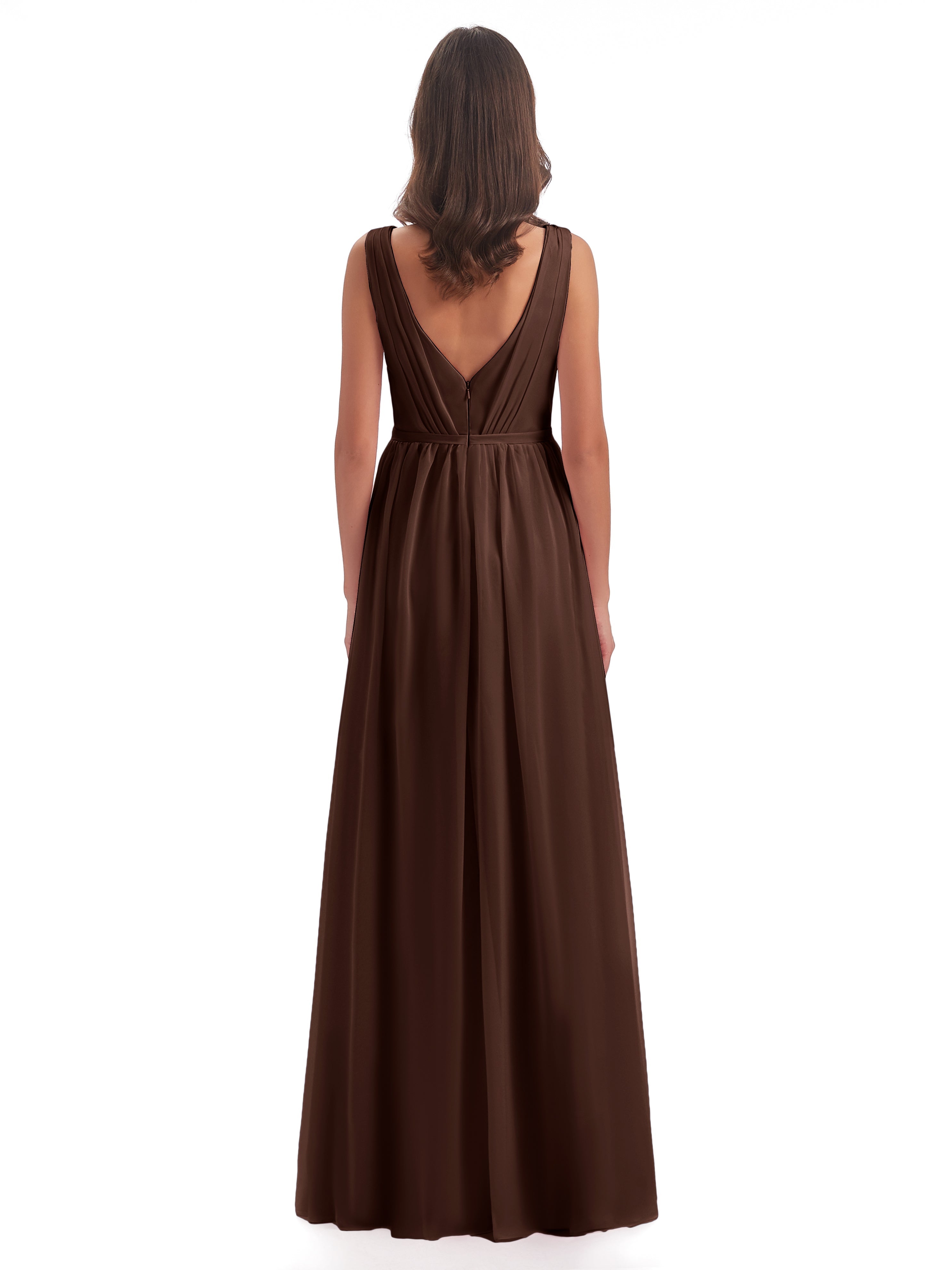 Robe Marron Chocolat Demoiselle D Honneur Fourreau/Colonne Col V Mousseline Robes Demoiselle D'Honneur