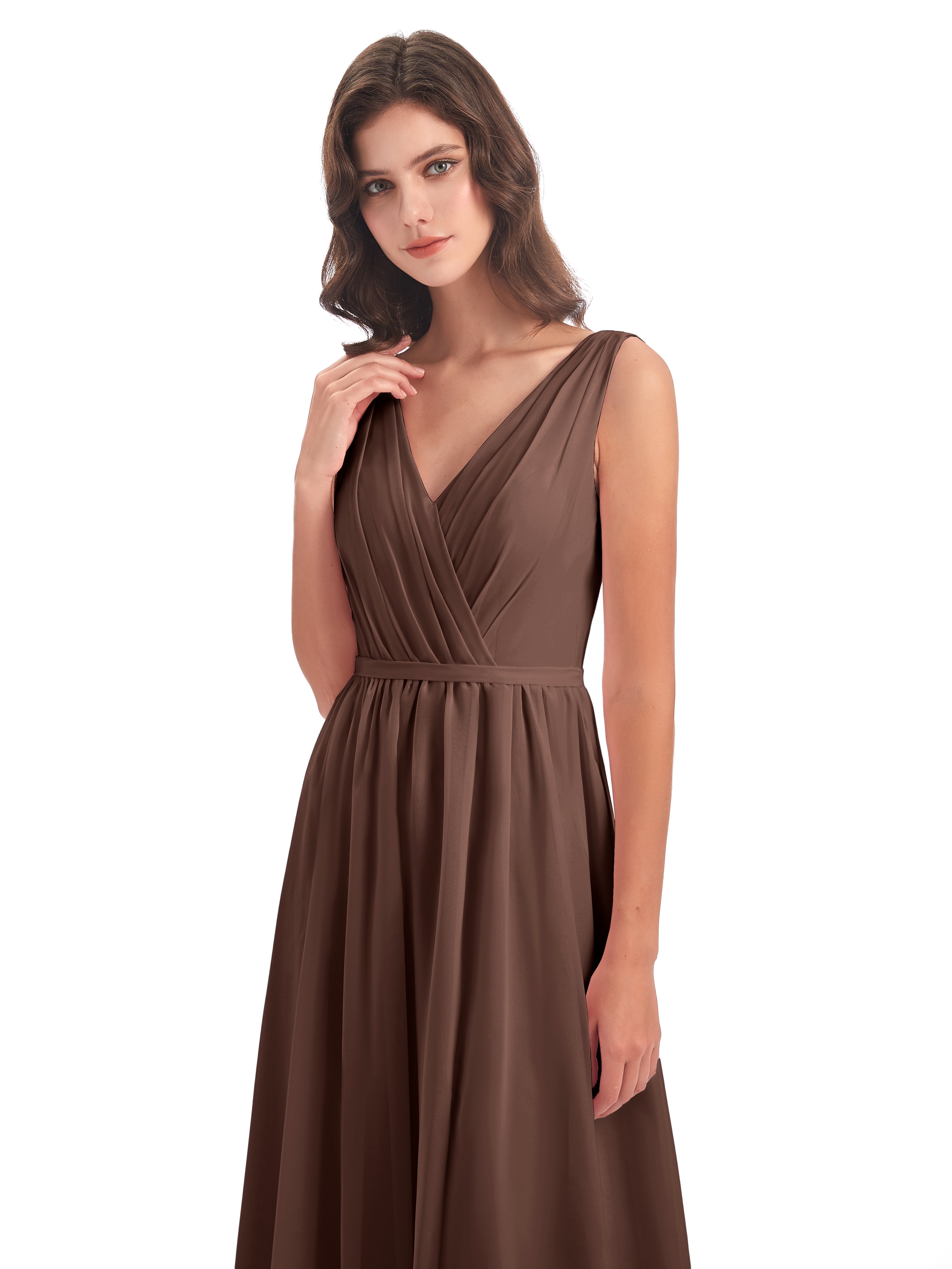 Robe Marron Chocolat Demoiselle D Honneur Fourreau/Colonne Col V Mousseline Robes Demoiselle D'Honneur