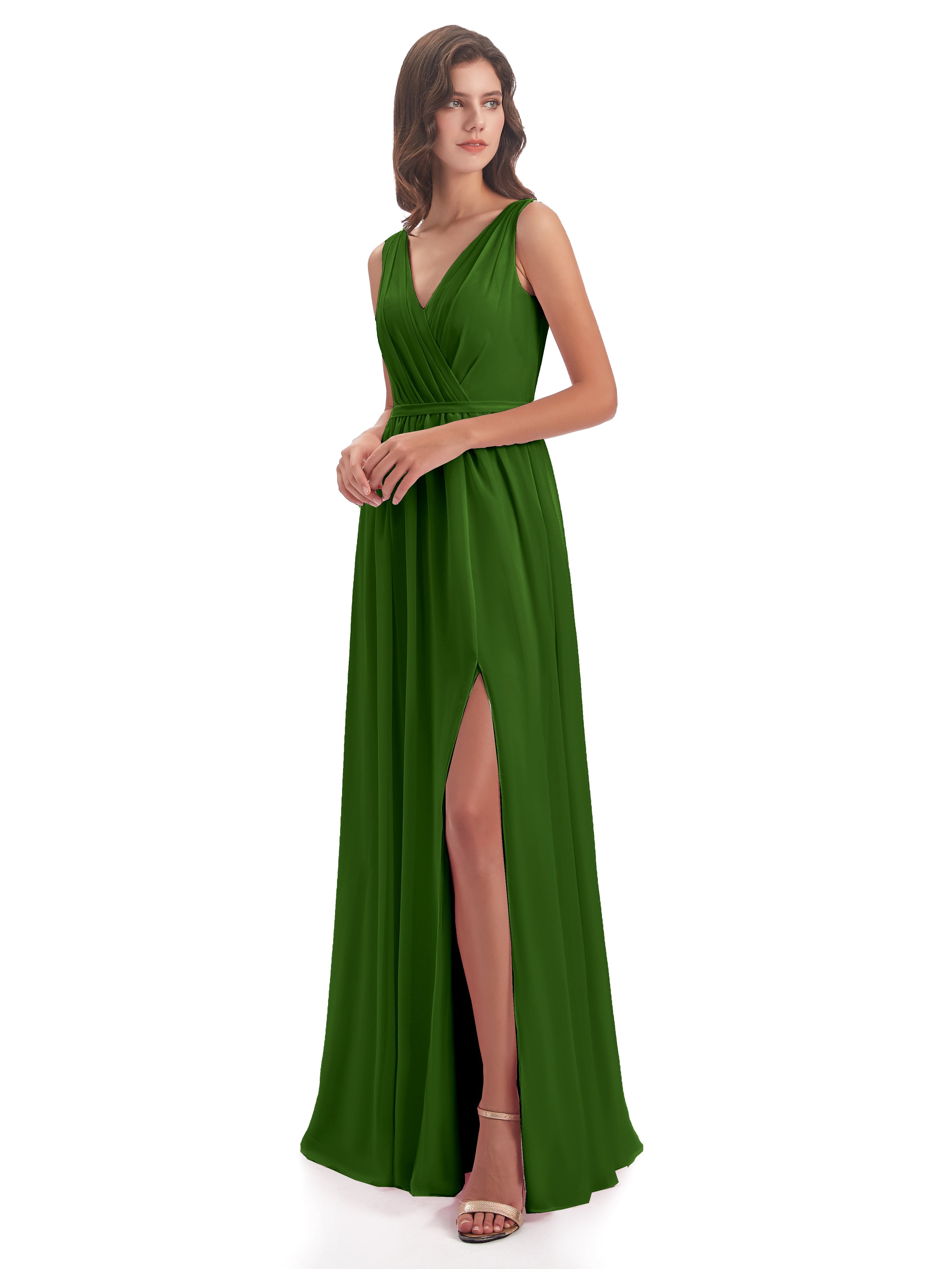 Robes De Demoiselle D'Honneur Vert Mousse Fourreau/Colonne Col V Mousseline Robes Demoiselle D'Honneur