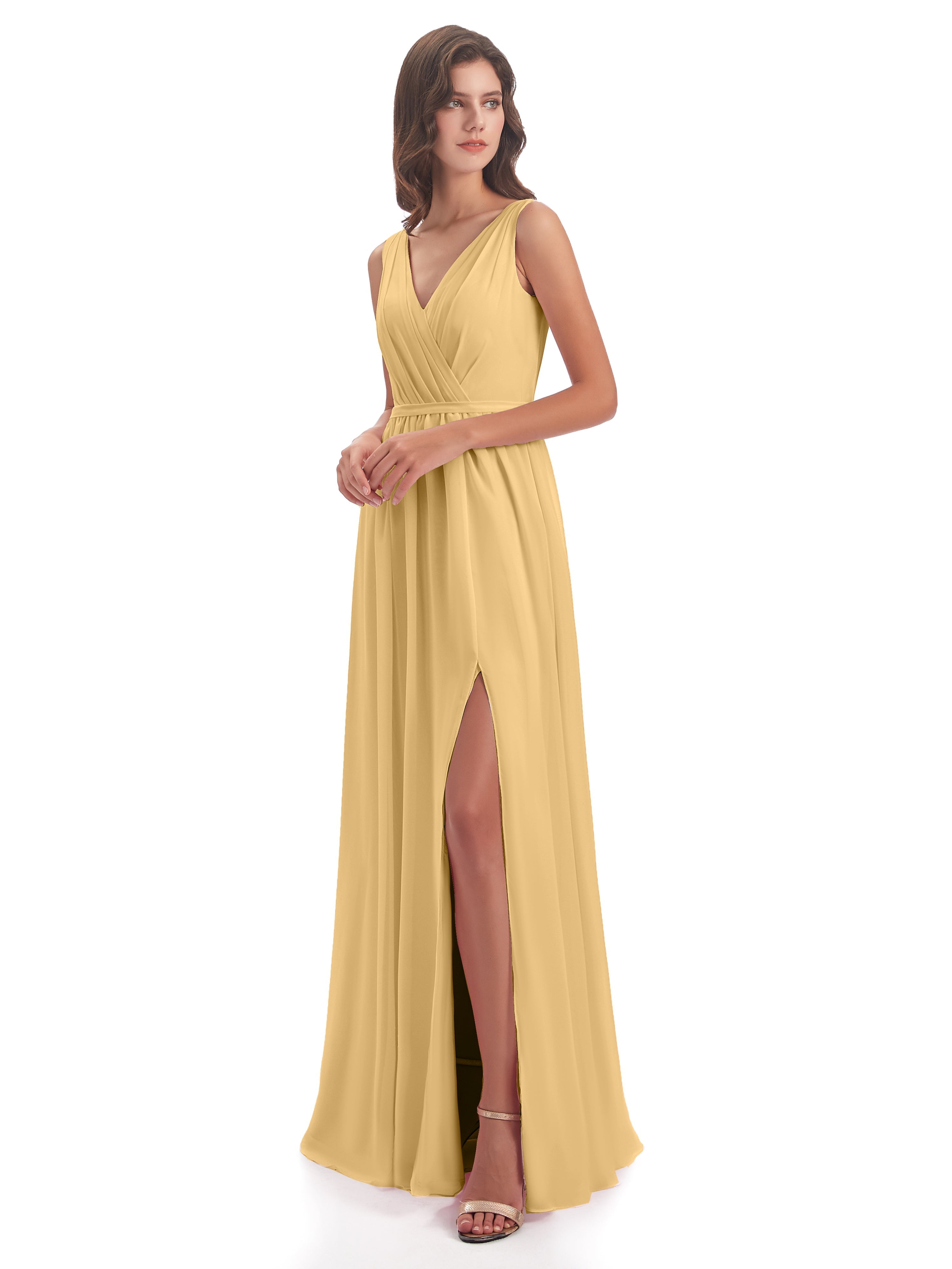 Robe Demoiselle D Honneur Doree Fourreau/Colonne Col V Mousseline Robes Demoiselle D'Honneur