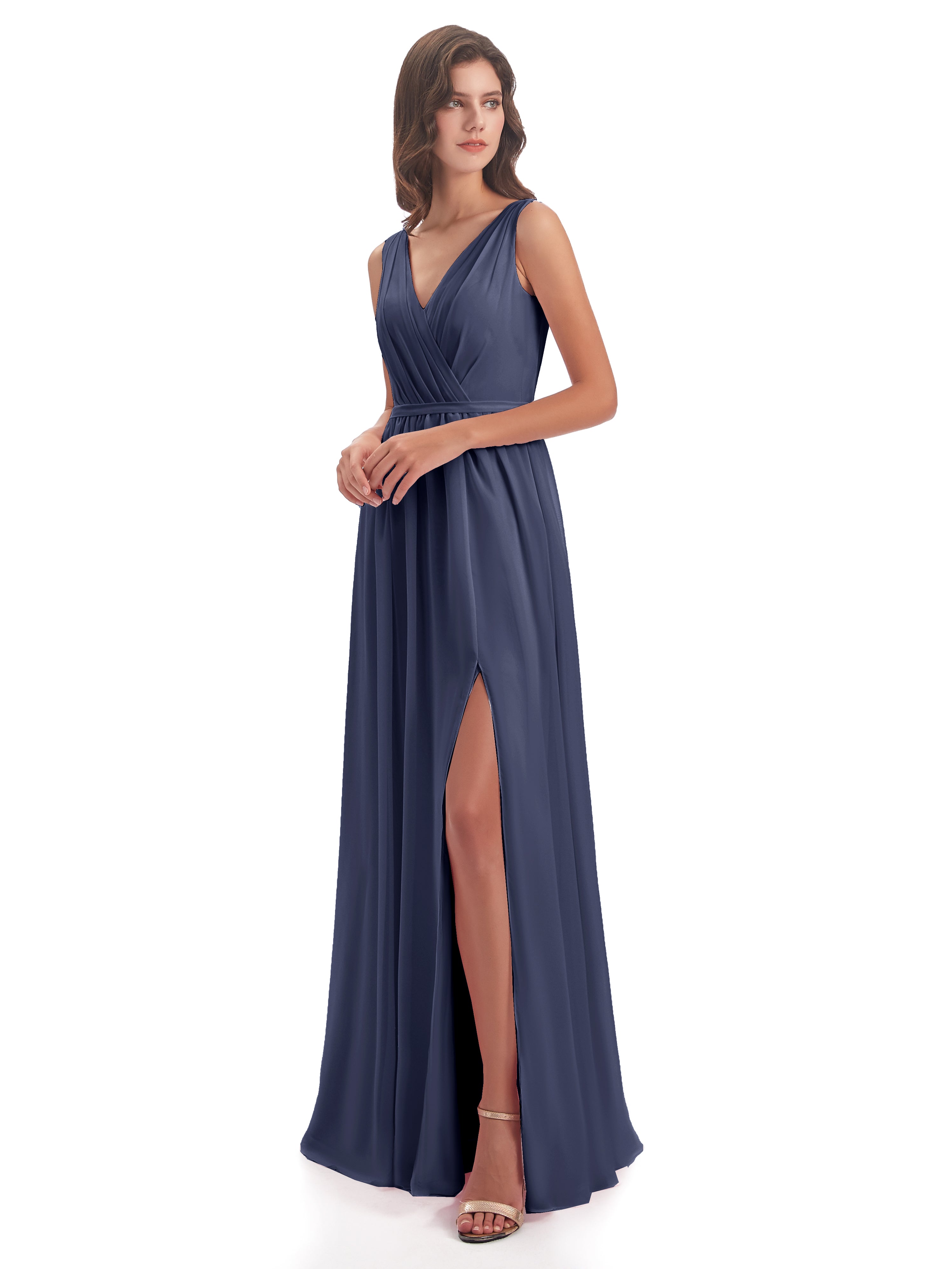 Robes De Demoiselle D'Honneur Bleu Orageux Fourreau/Colonne Col V Mousseline Robes Demoiselle D'Honneur