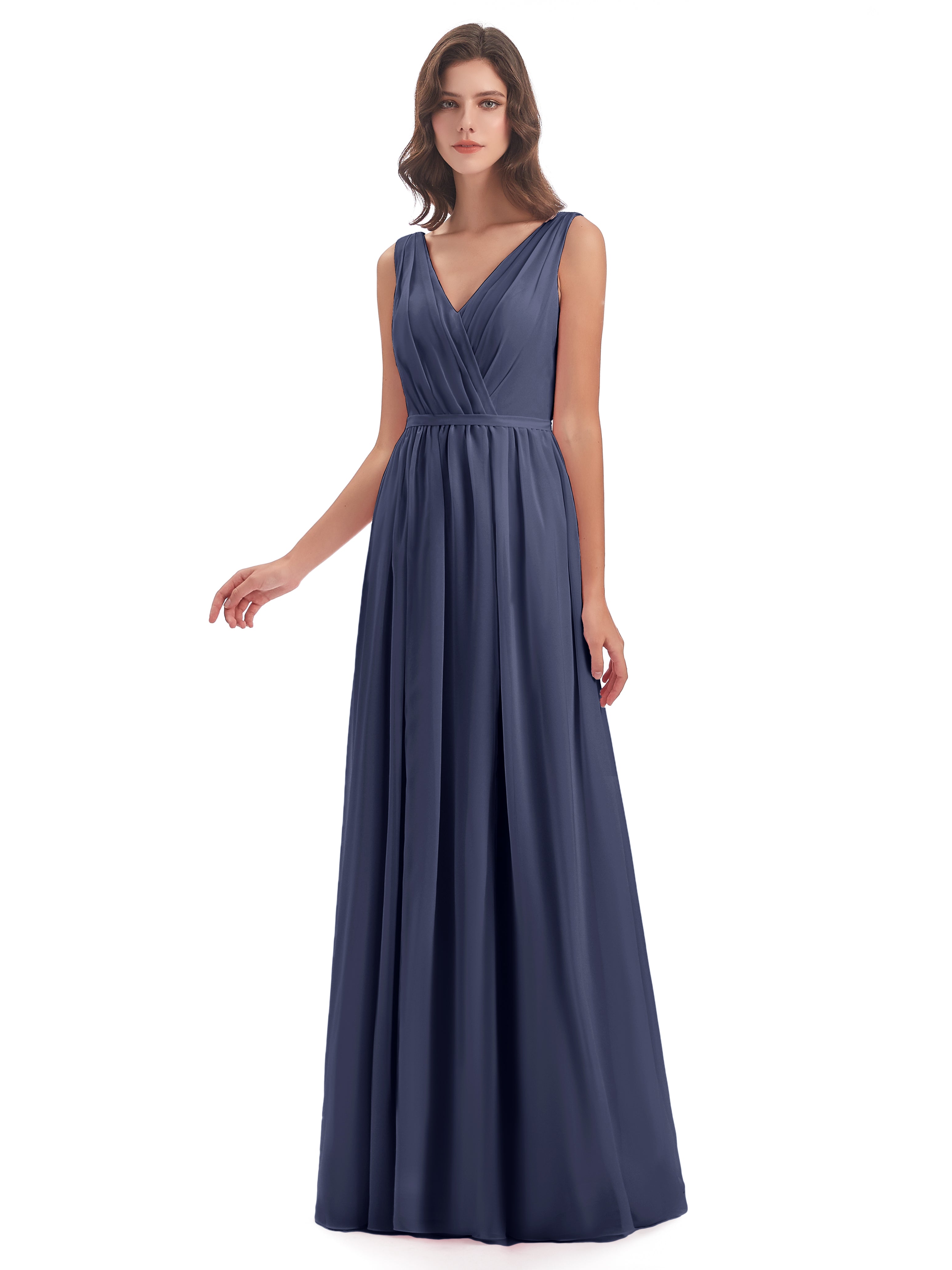 Robes De Demoiselle D'Honneur Bleu Orageux Fourreau/Colonne Col V Mousseline Robes Demoiselle D'Honneur