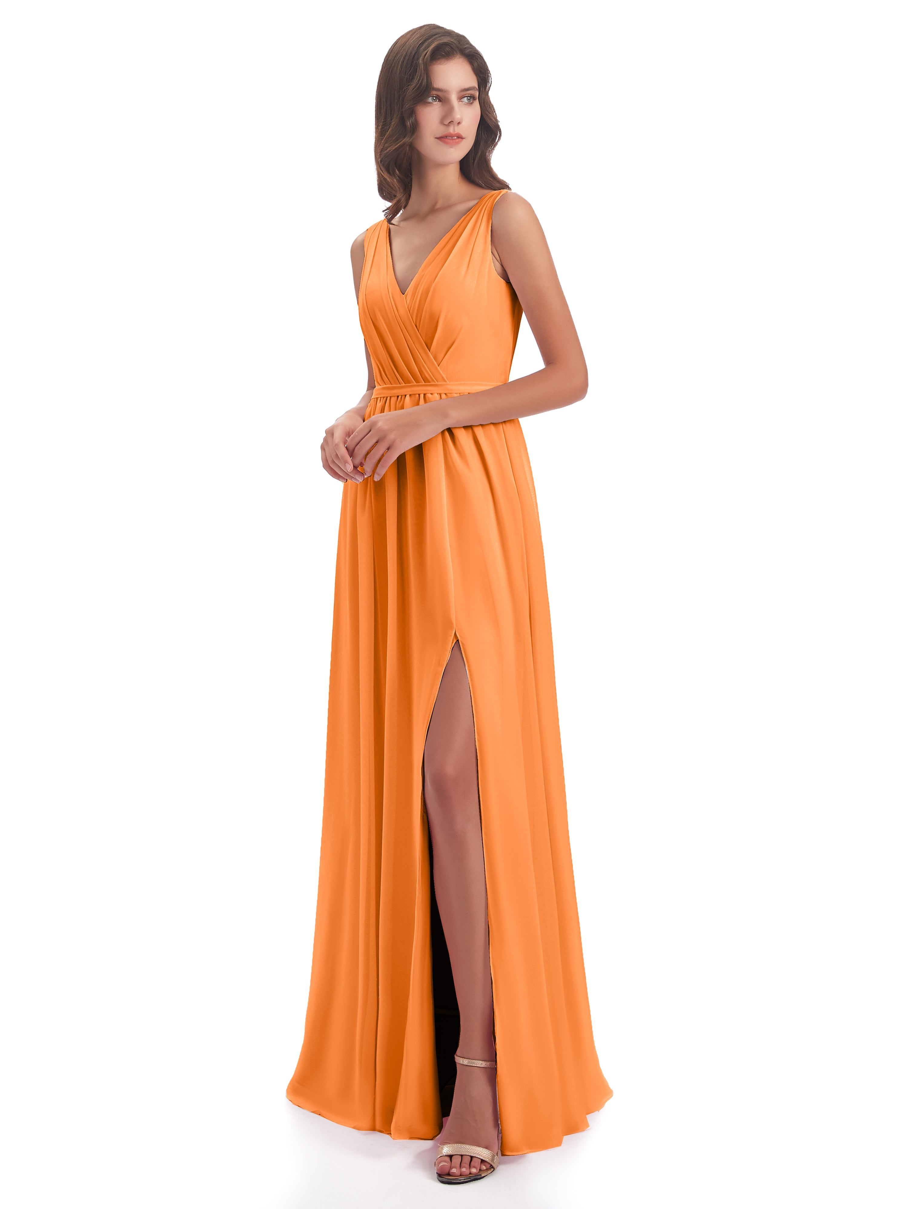 Robe Demoiselle D Honneur Orange Fourreau/Colonne Col V Mousseline Robes Demoiselle D'Honneur