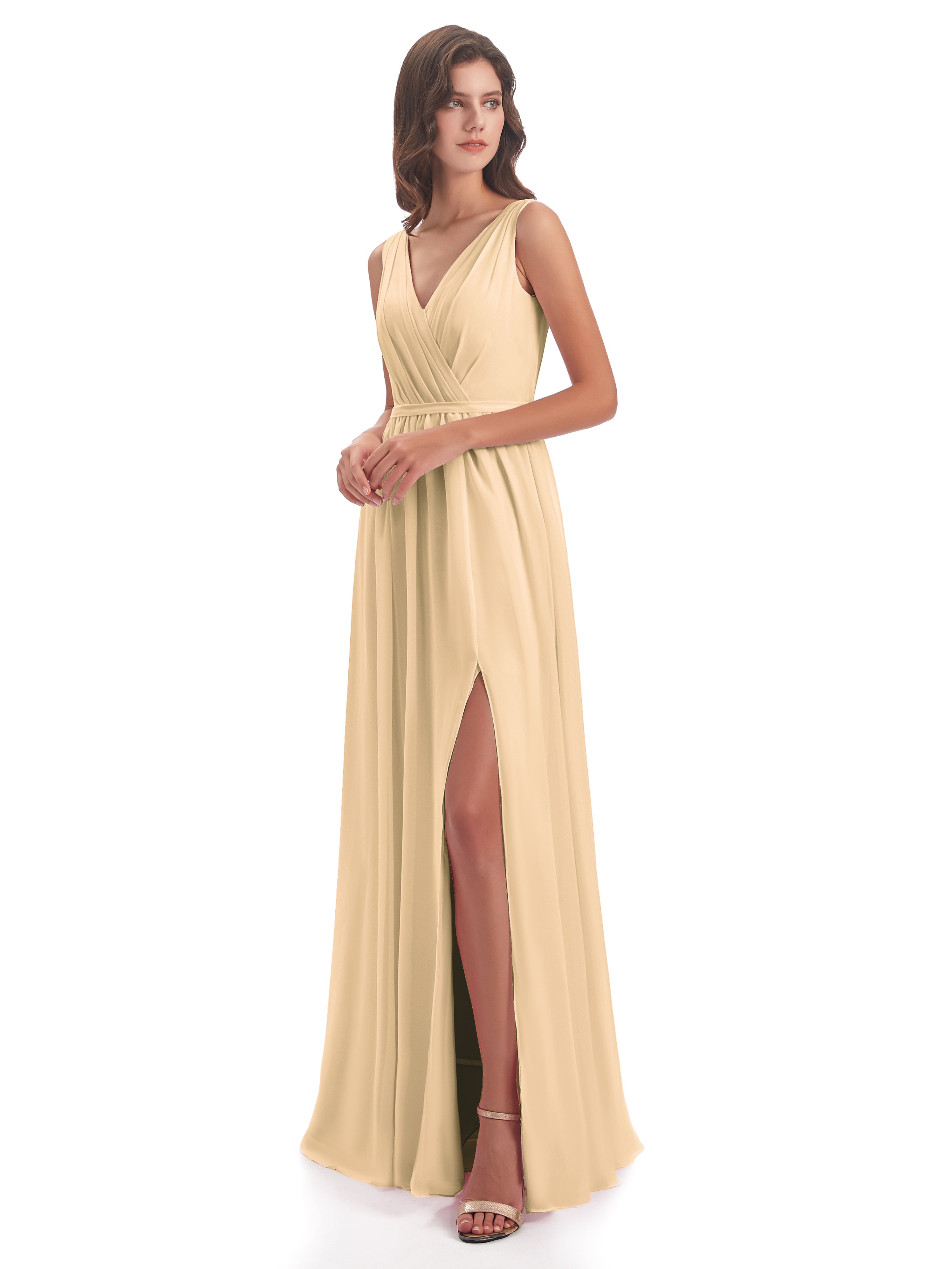 Robes De Demoiselle D'Honneur Rose Pêche Fourreau/Colonne Col V Mousseline Robes Demoiselle D'Honneur