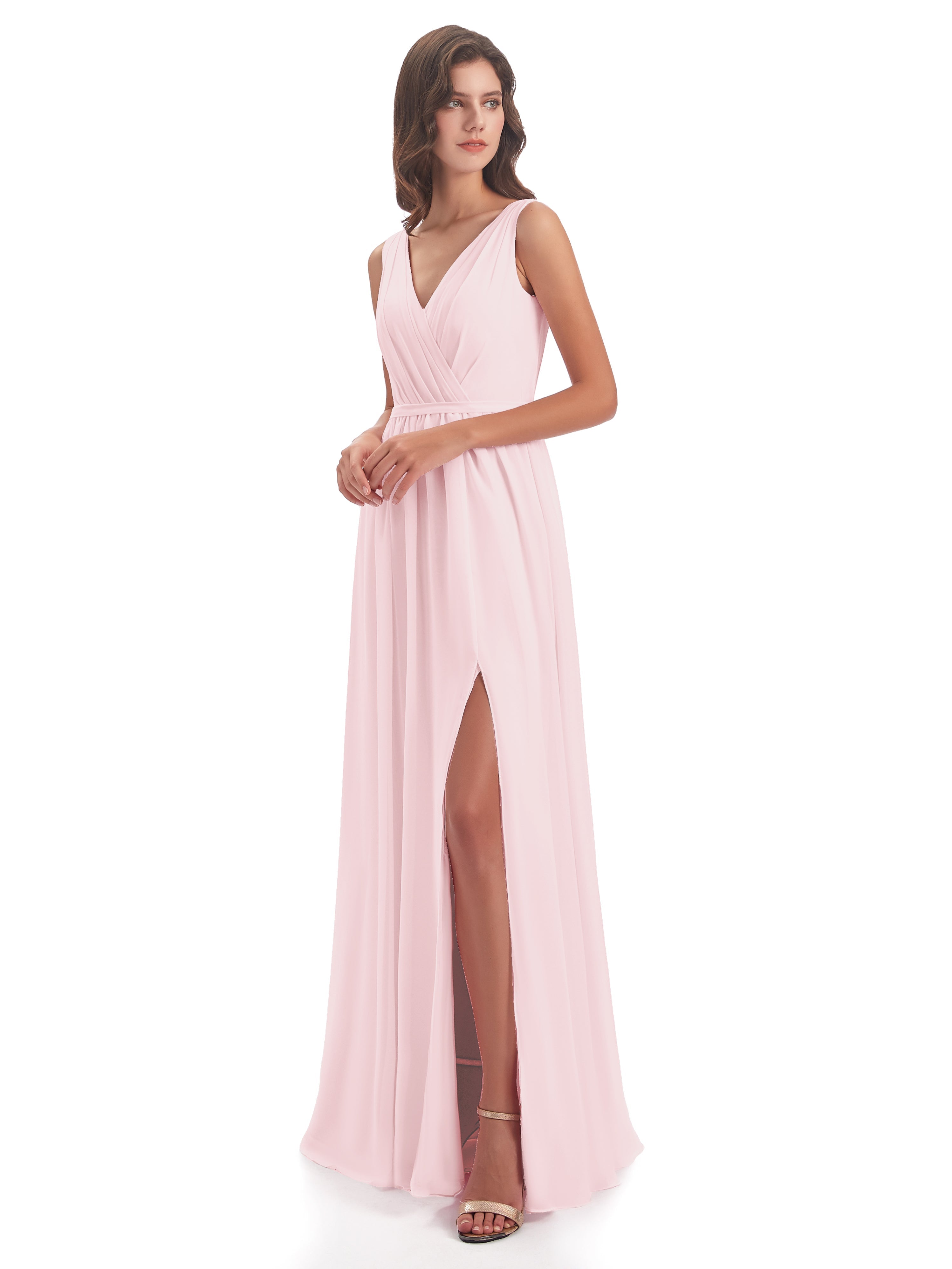 Robes Demoiselles D Honneur Rose Pale Fourreau/Colonne Col V Mousseline Robes Demoiselle D'Honneur