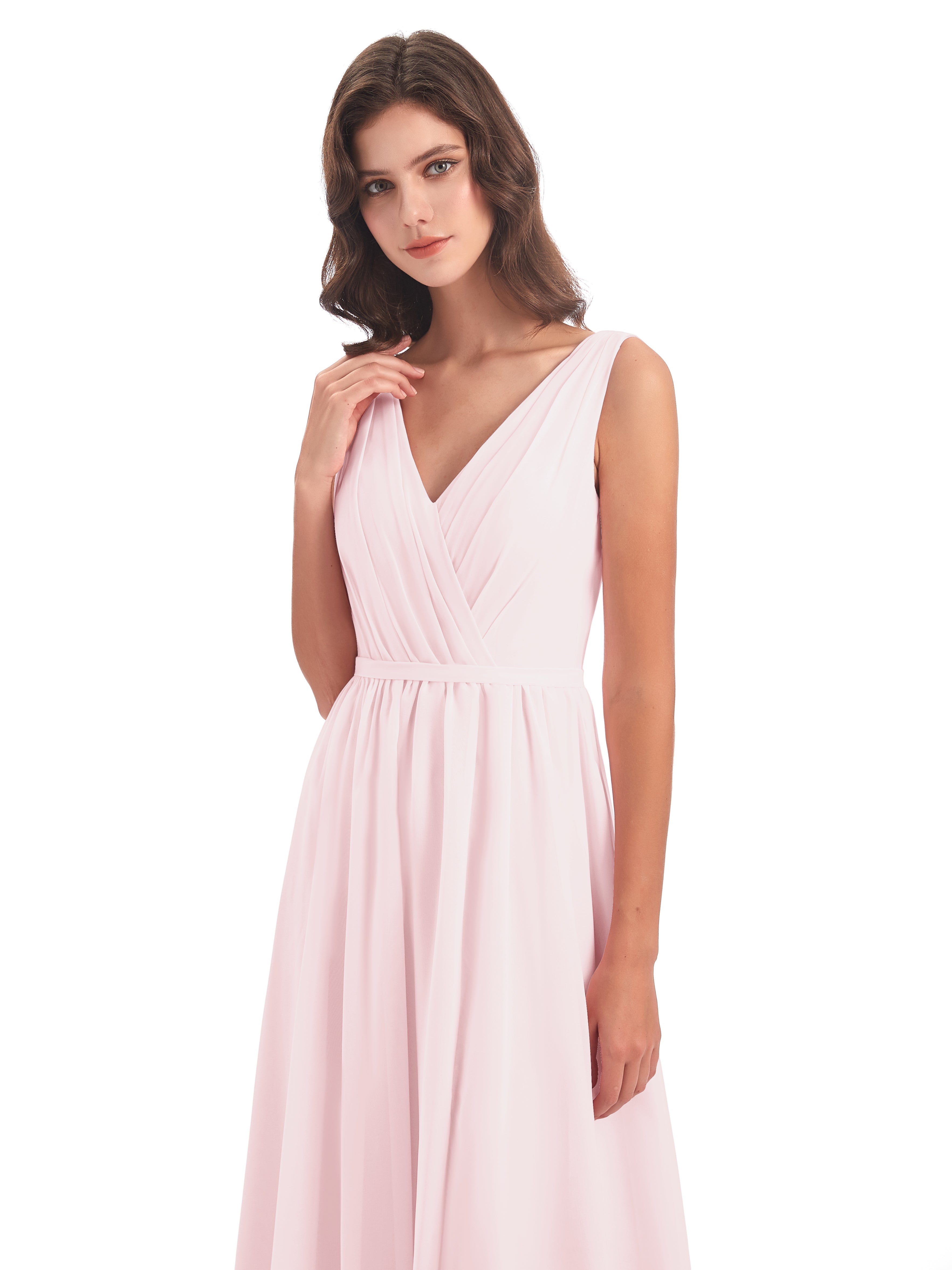 Robes Demoiselles D Honneur Rose Pale Fourreau/Colonne Col V Mousseline Robes Demoiselle D'Honneur