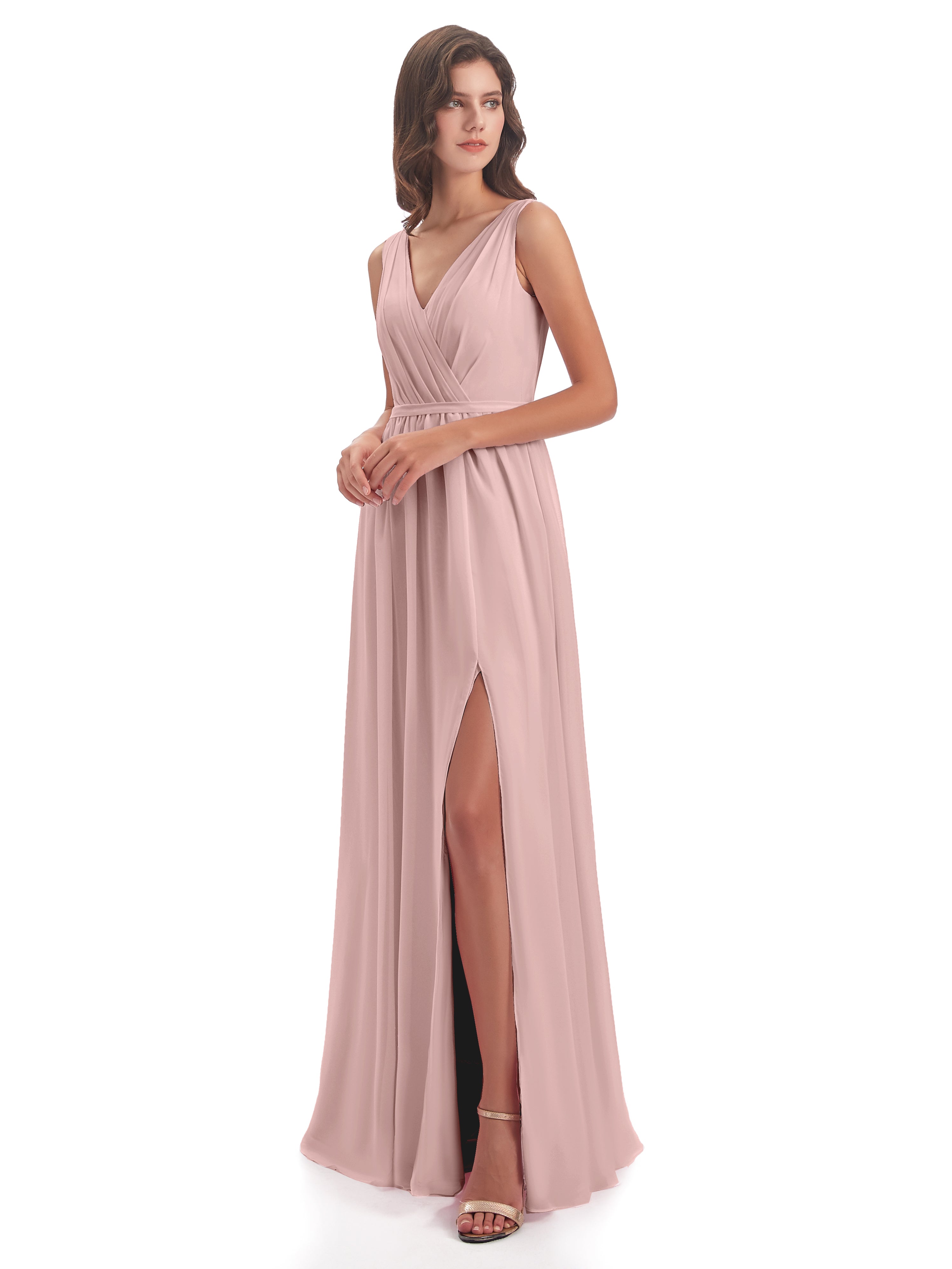 Robe Rose Poudré Mariage Demoiselle D Honneur Fourreau/Colonne Col V Mousseline Robes Demoiselle D'Honneur