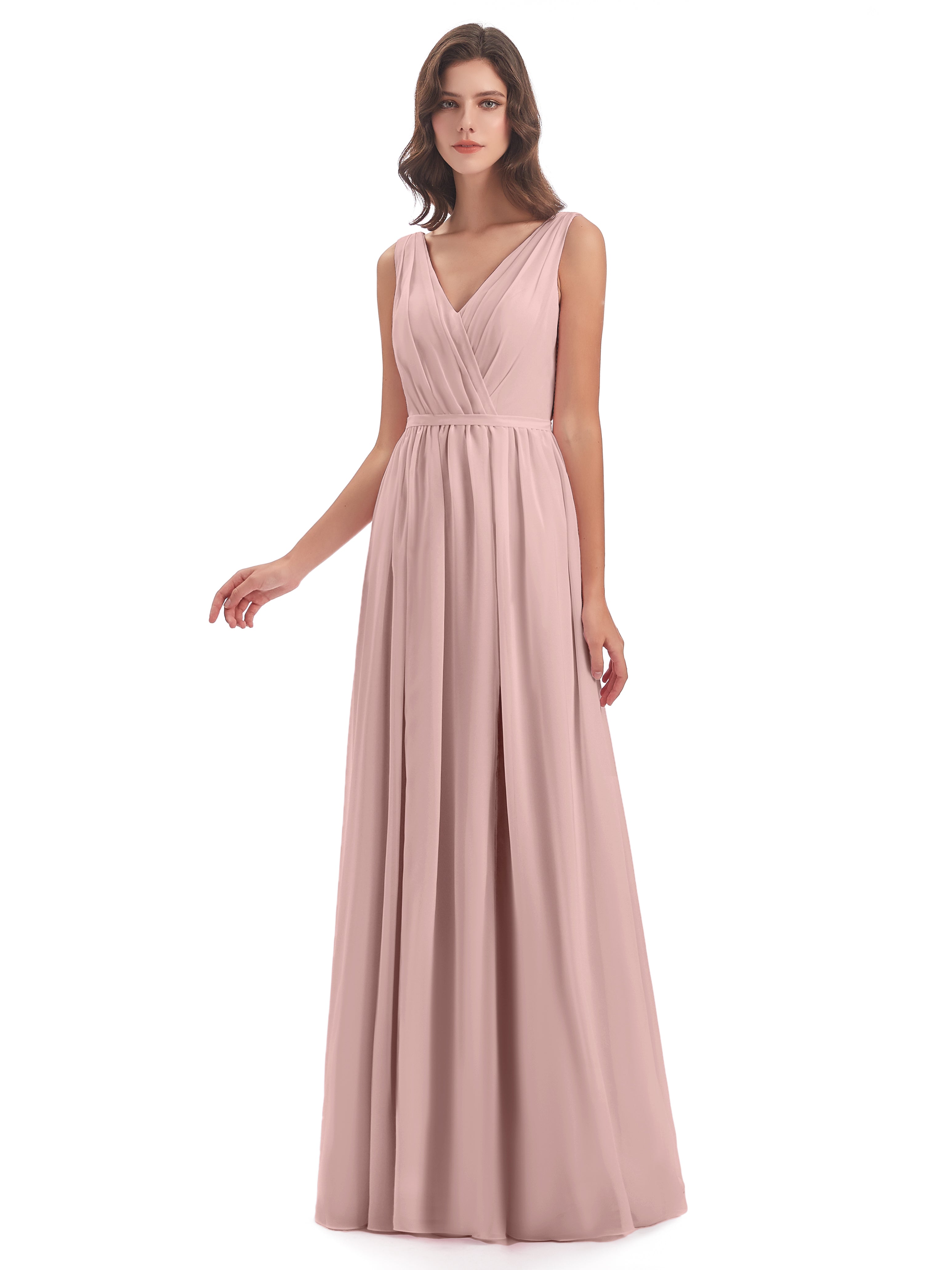 Robe Rose Poudré Mariage Demoiselle D Honneur Fourreau/Colonne Col V Mousseline Robes Demoiselle D'Honneur