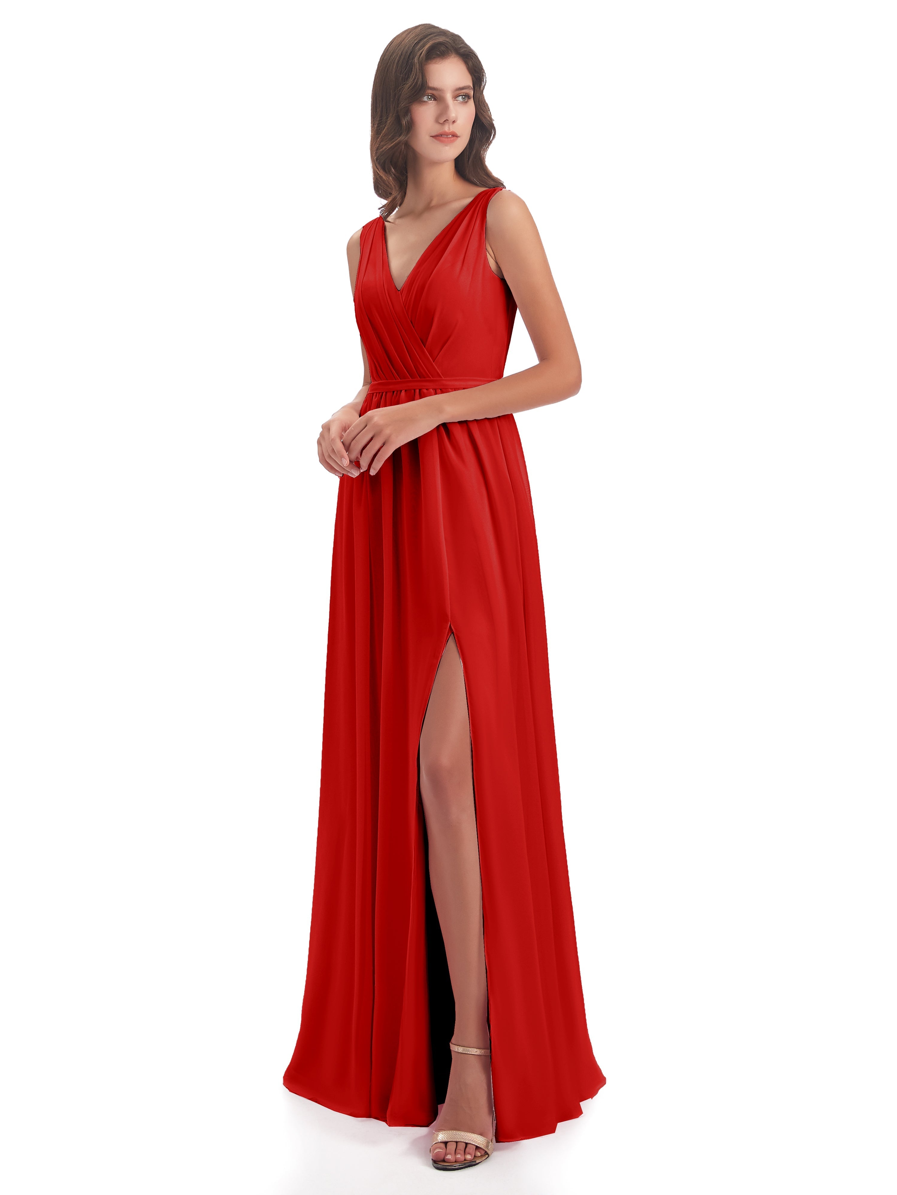 Robes Demoiselle D Honneur Rouge Fourreau/Colonne Col V Mousseline Robes Demoiselle D'Honneur