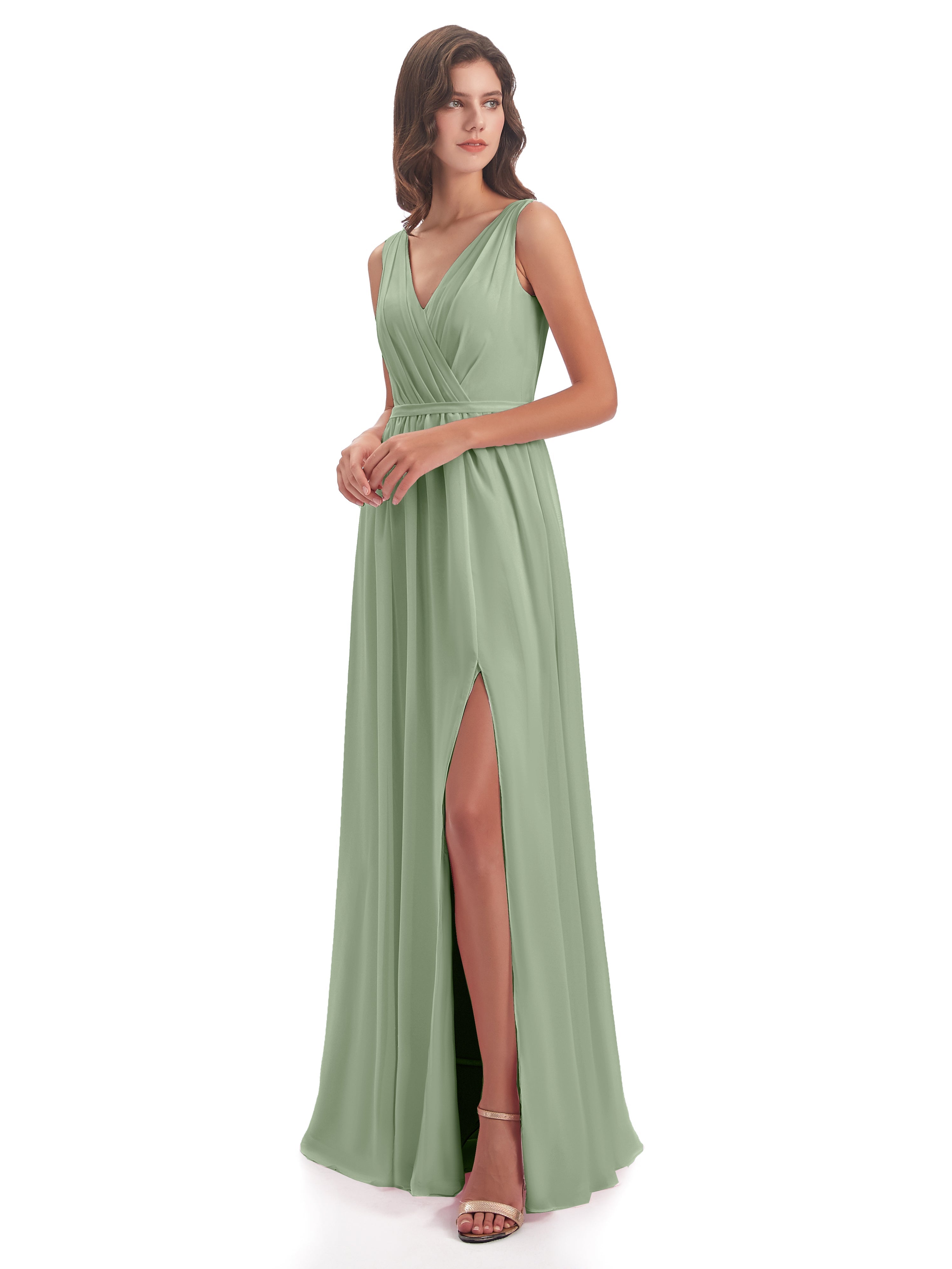 Robe Demoiselle D Honneur Sauge Poudré Fourreau/Colonne Col V Mousseline Robes Demoiselle D'Honneur