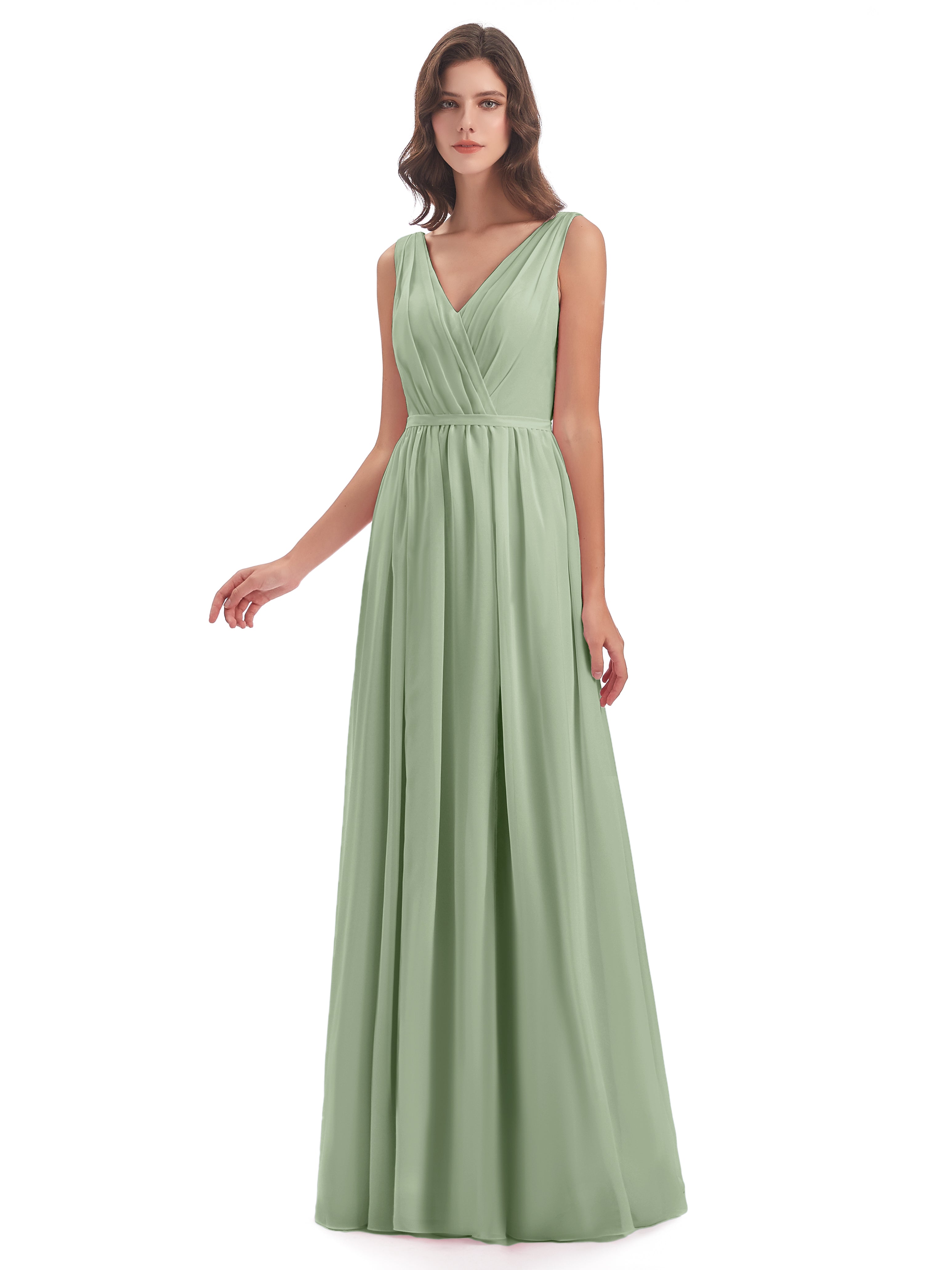 Robe Demoiselle D Honneur Sauge Poudré Fourreau/Colonne Col V Mousseline Robes Demoiselle D'Honneur