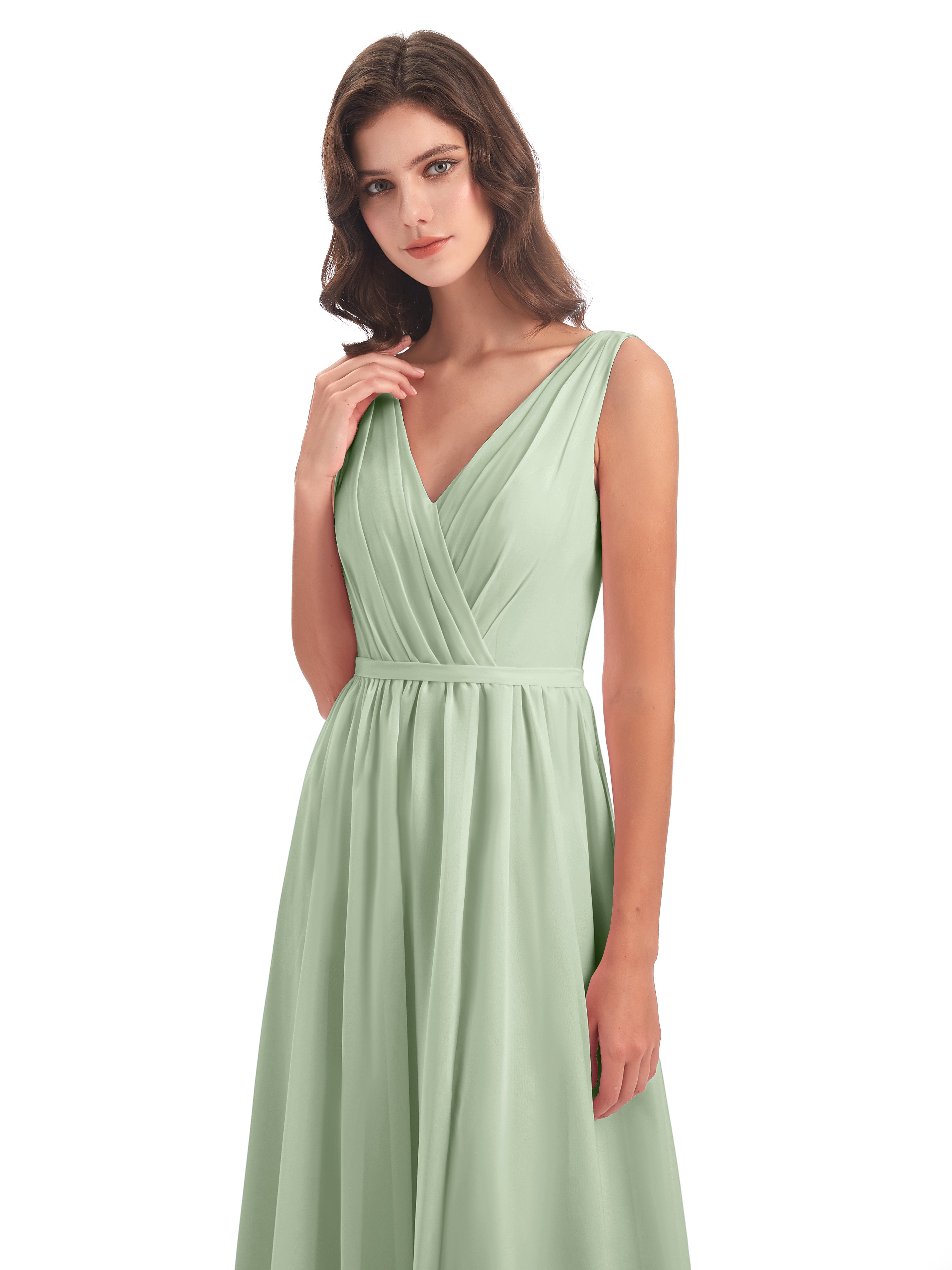 Robe Demoiselle D Honneur Sauge Poudré Fourreau/Colonne Col V Mousseline Robes Demoiselle D'Honneur