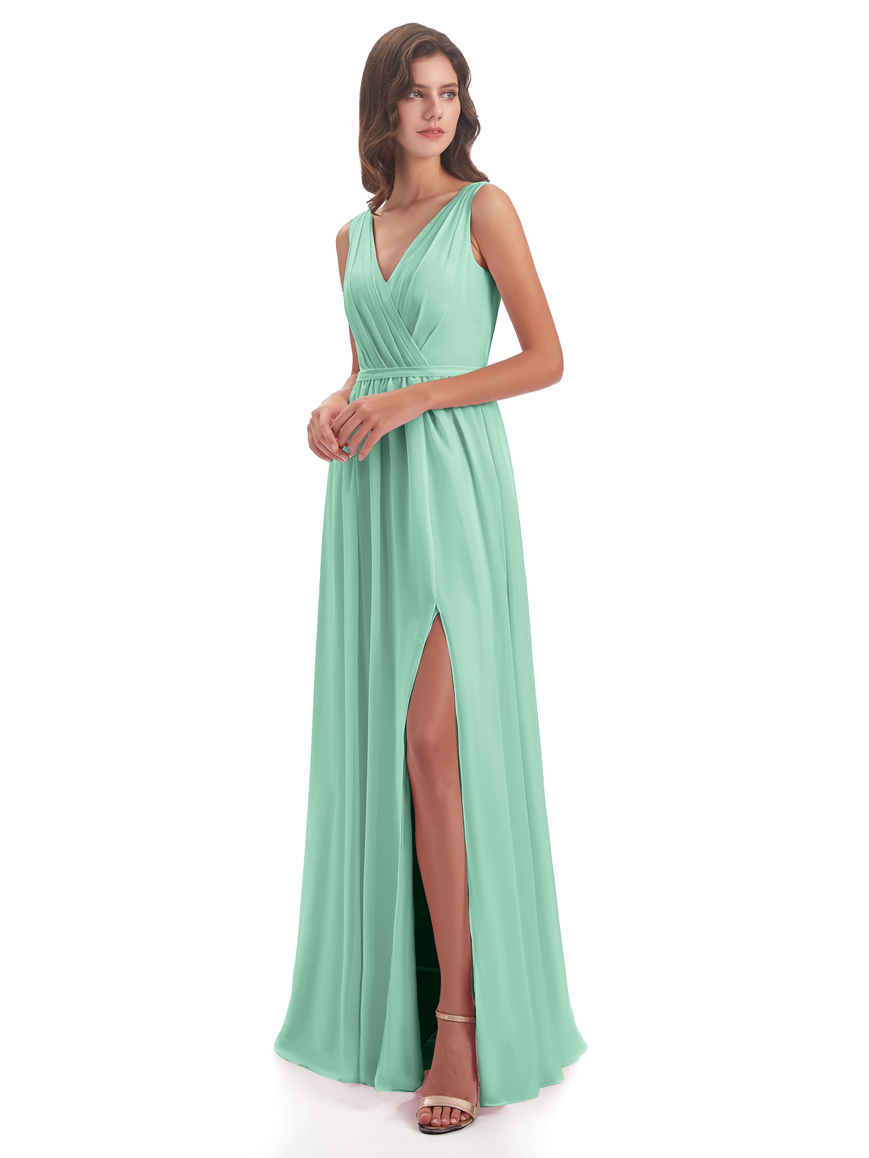Robe Vert Menthe Demoiselle D Honneur Fourreau/Colonne Col V Mousseline Robes Demoiselle D'Honneur