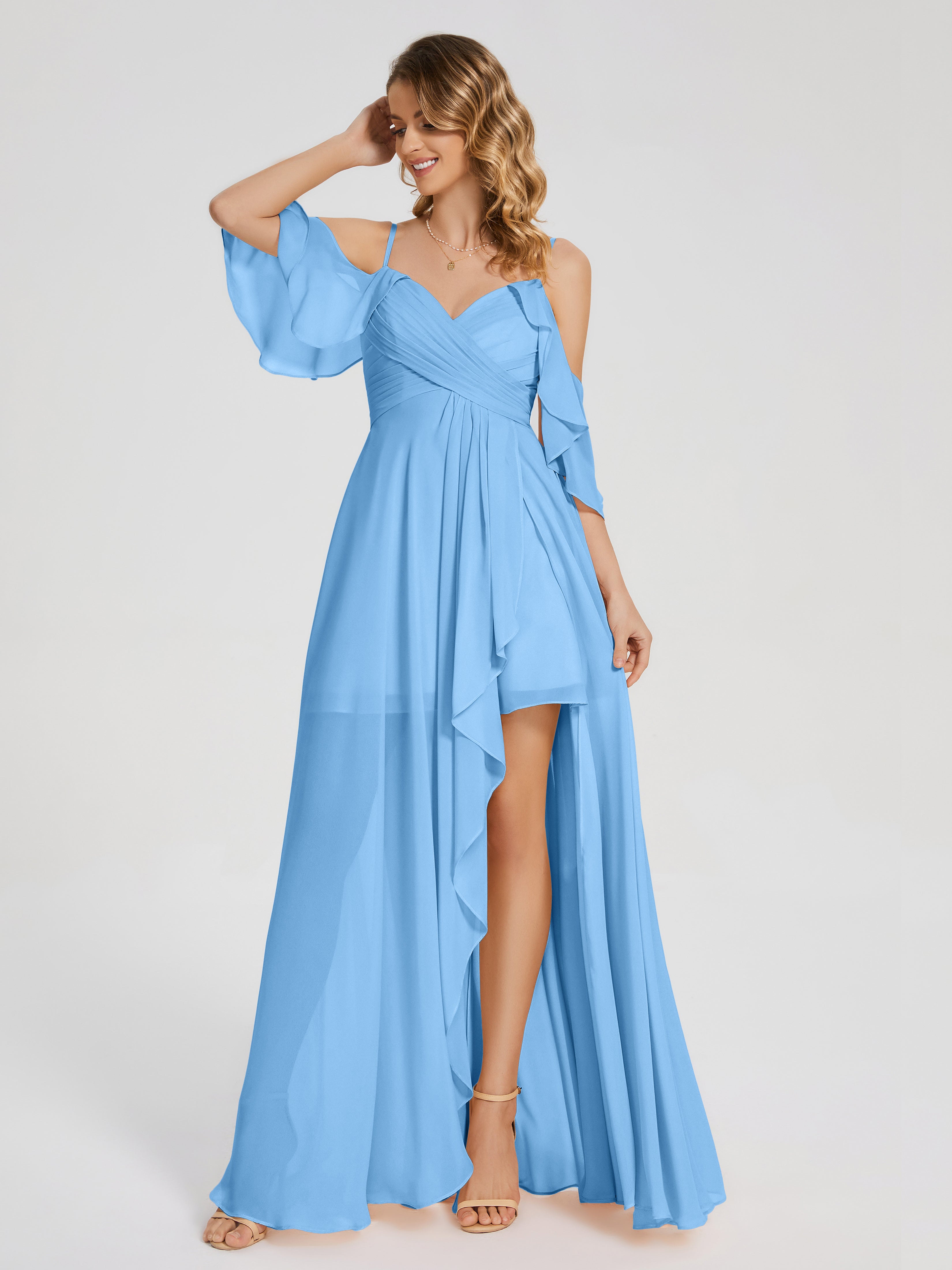 Robes De Demoiselle D'Honneur Bleues Asymétrique Hors-La-Épaule Mousseline Robes Demoiselle D'Honneur
