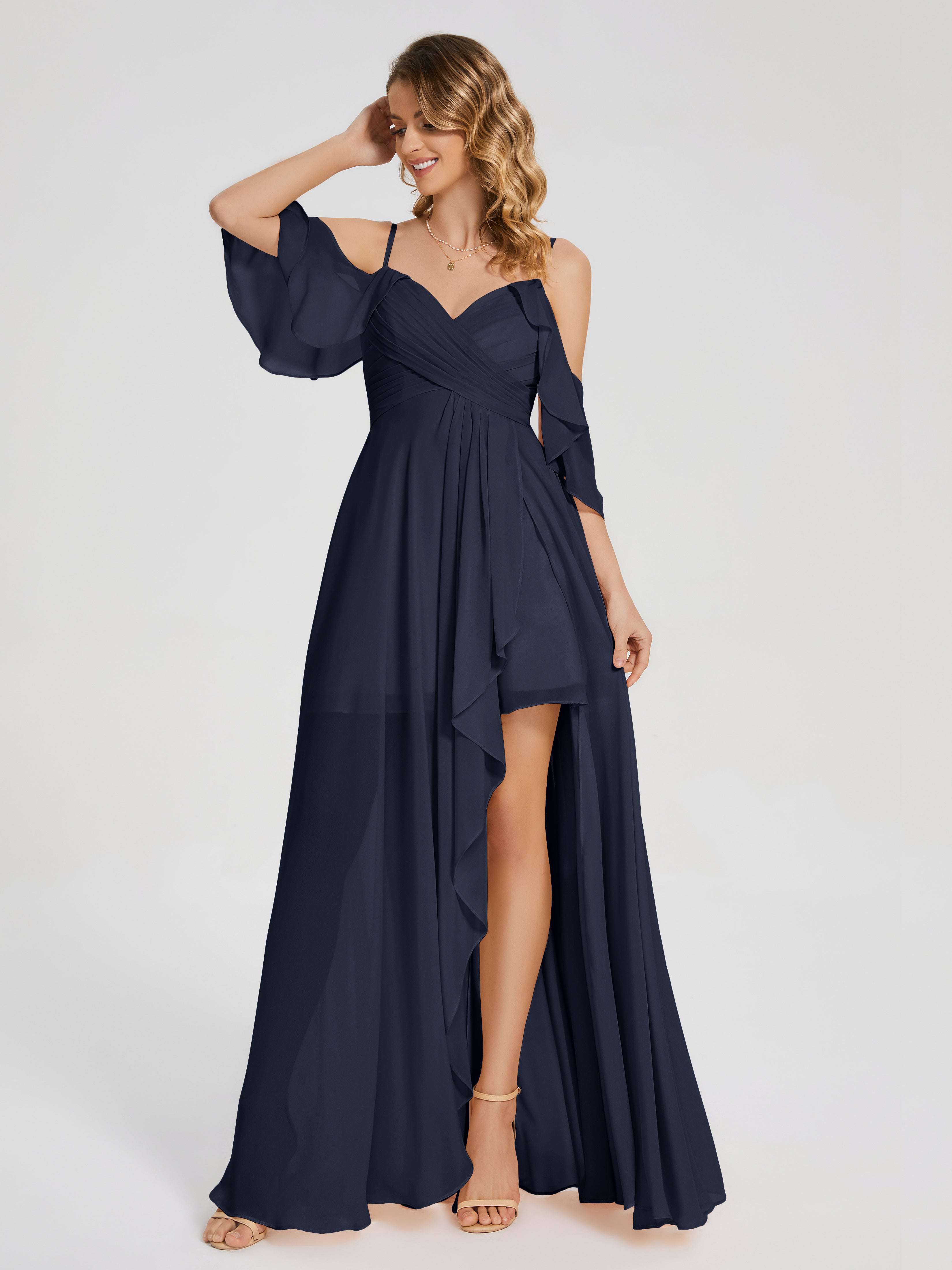 Robes De Demoiselle D'Honneur Bleu Marine Modestes Asymétrique Hors-La-Épaule Mousseline Robes Demoiselle D'Honneur