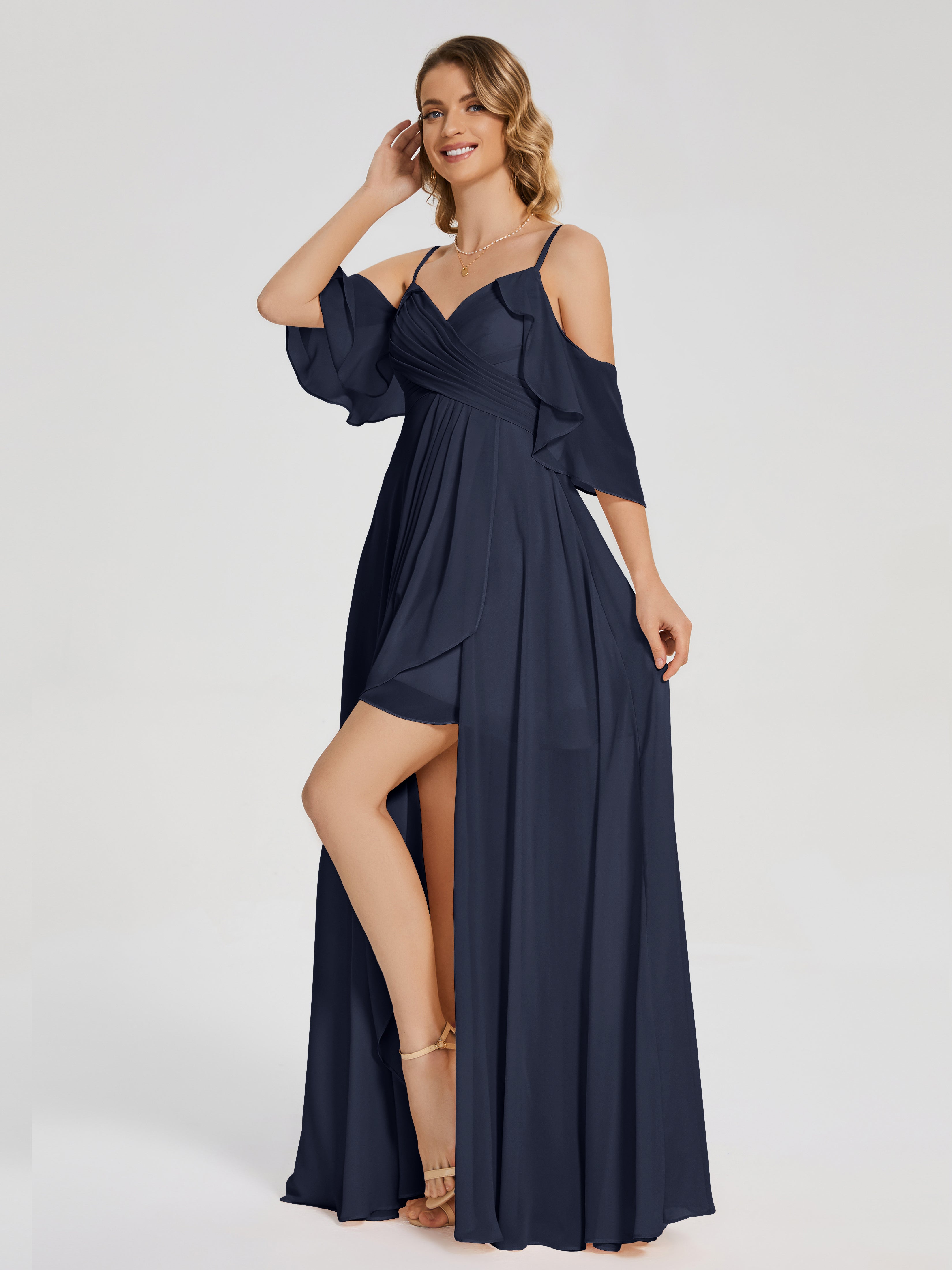 Robes De Demoiselle D'Honneur Bleu Marine Modestes Asymétrique Hors-La-Épaule Mousseline Robes Demoiselle D'Honneur