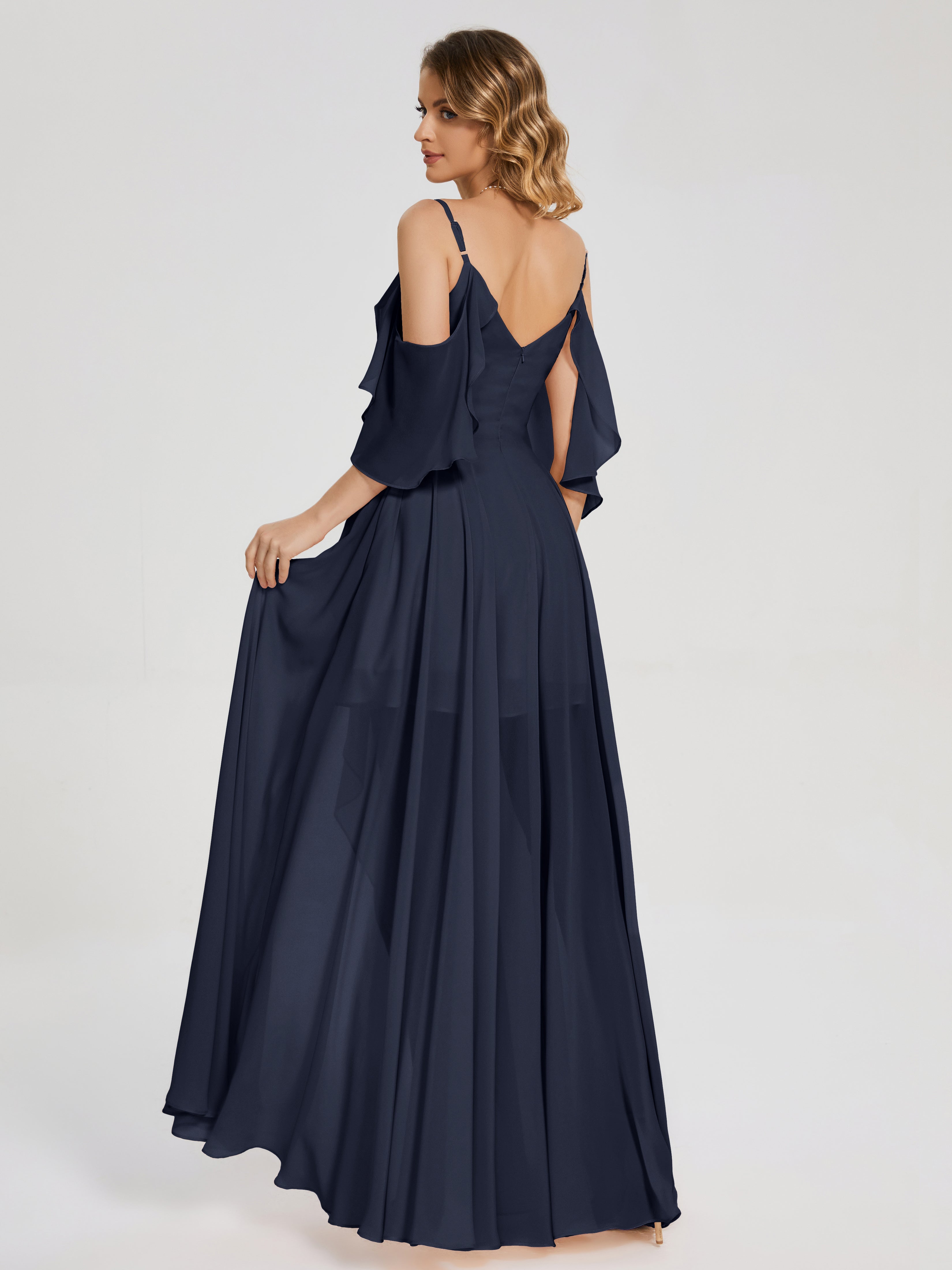 Robes De Demoiselle D'Honneur Bleu Marine Modestes Asymétrique Hors-La-Épaule Mousseline Robes Demoiselle D'Honneur