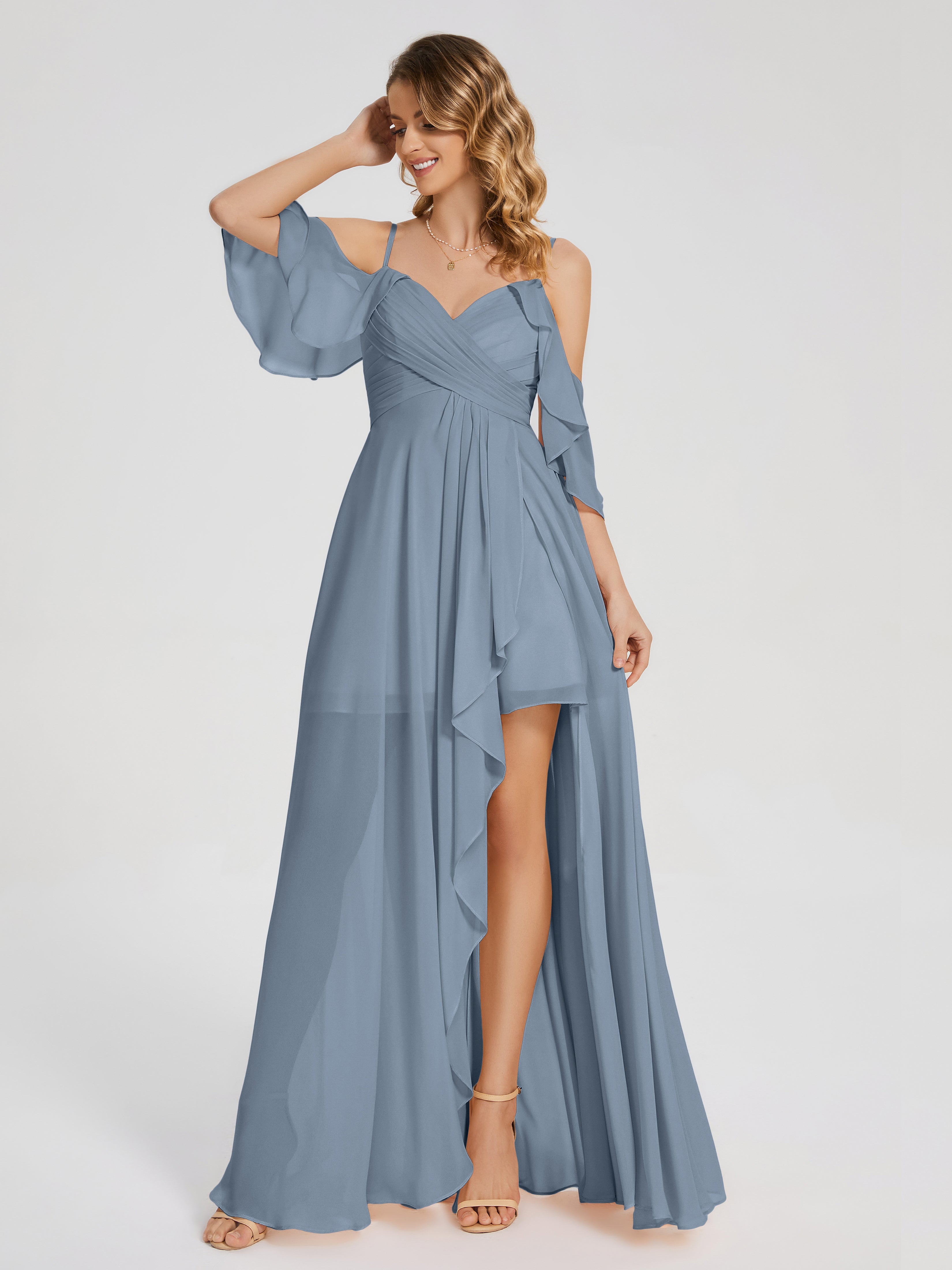 Robes De Demoiselle D'Honneur Bleu Poudre Asymétrique Hors-La-Épaule Mousseline Robes Demoiselle D'Honneur
