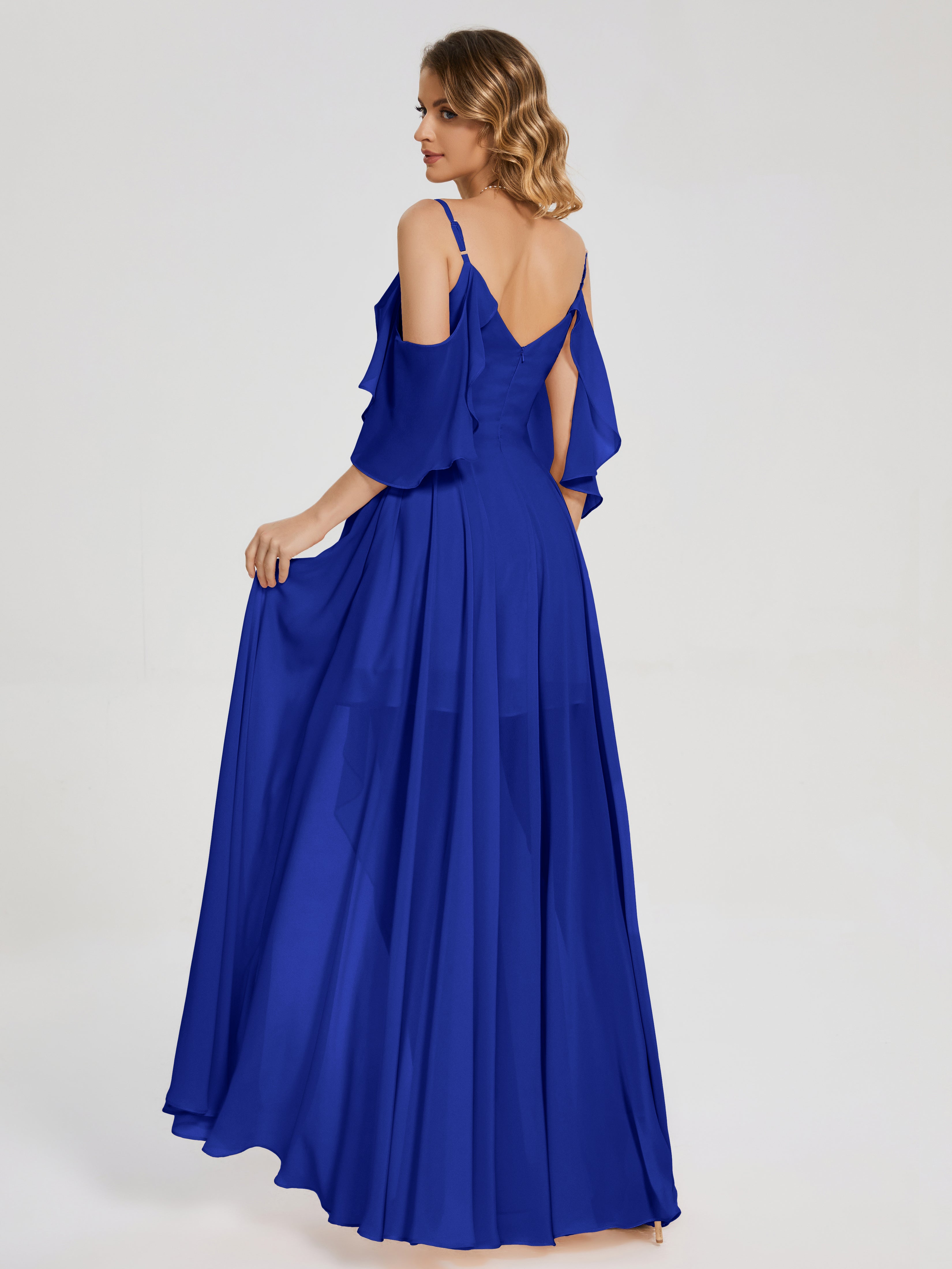Robes De Demoiselle D'Honneur Bleu Royal Asymétrique Hors-La-Épaule Mousseline Robes Demoiselle D'Honneur