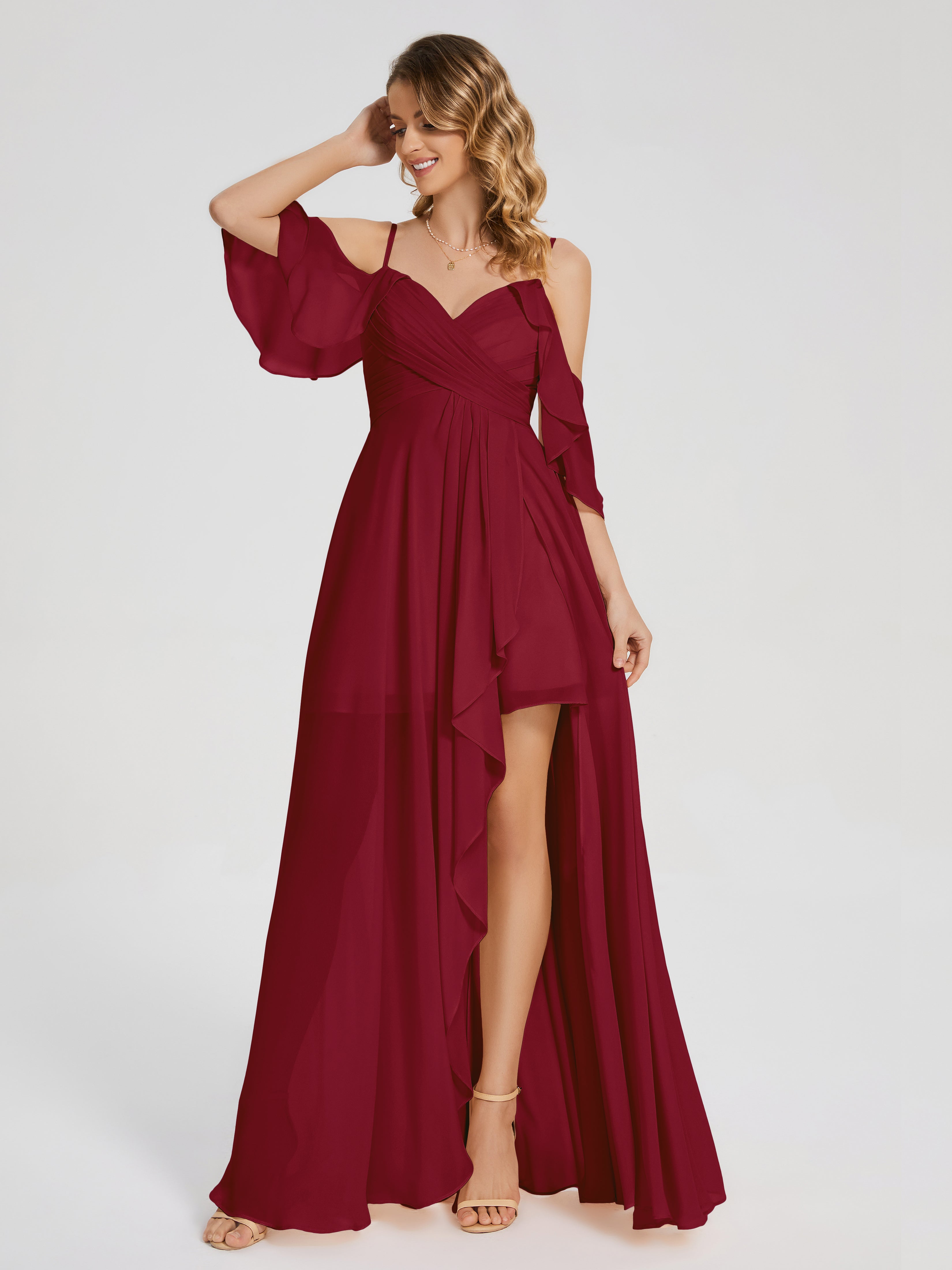 Robes De Demoiselle D'Honneur Bordeaux Longues Asymétrique Hors-La-Épaule Mousseline Robes Demoiselle D'Honneur