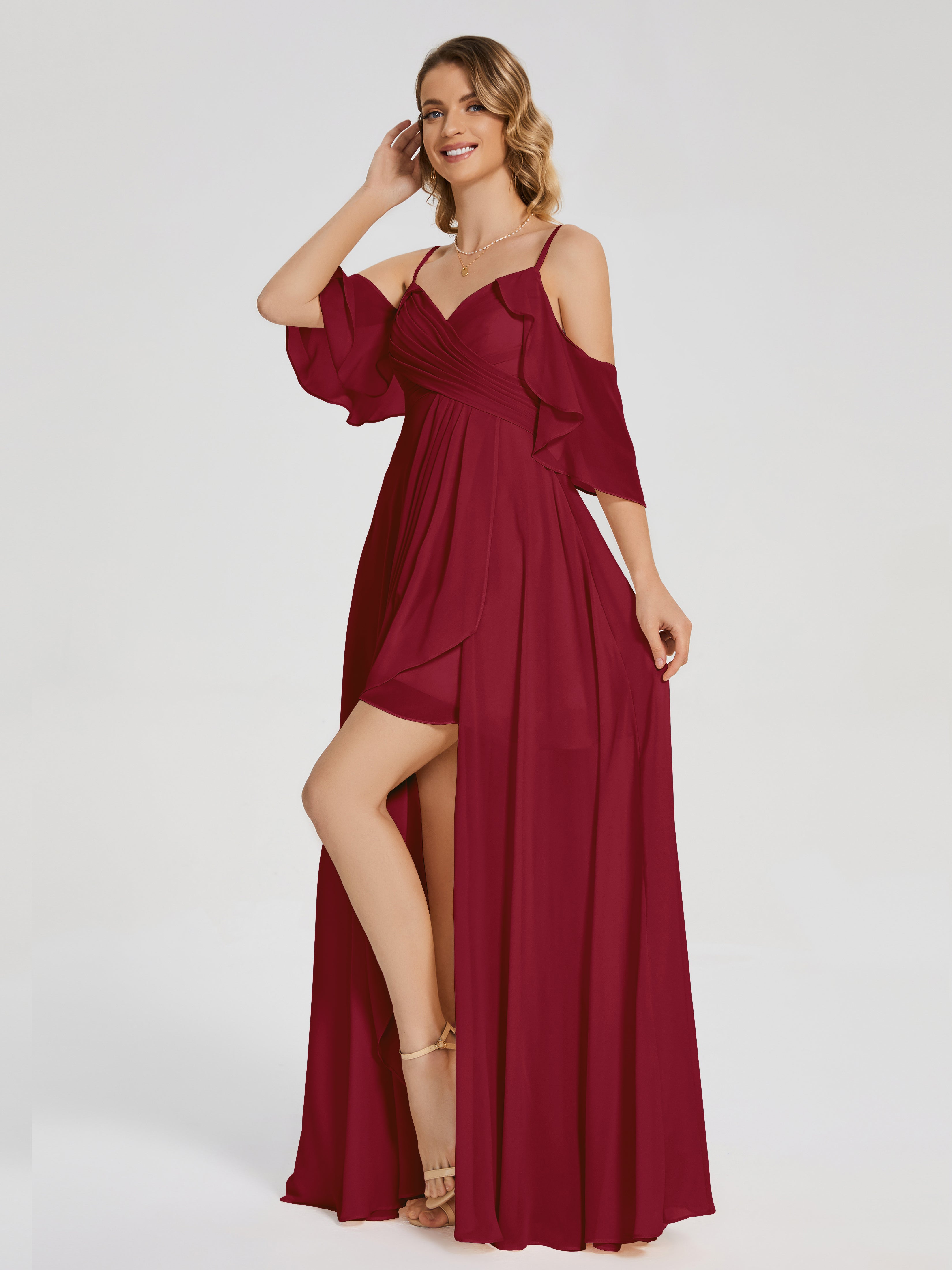 Robes De Demoiselle D'Honneur Bordeaux Longues Asymétrique Hors-La-Épaule Mousseline Robes Demoiselle D'Honneur