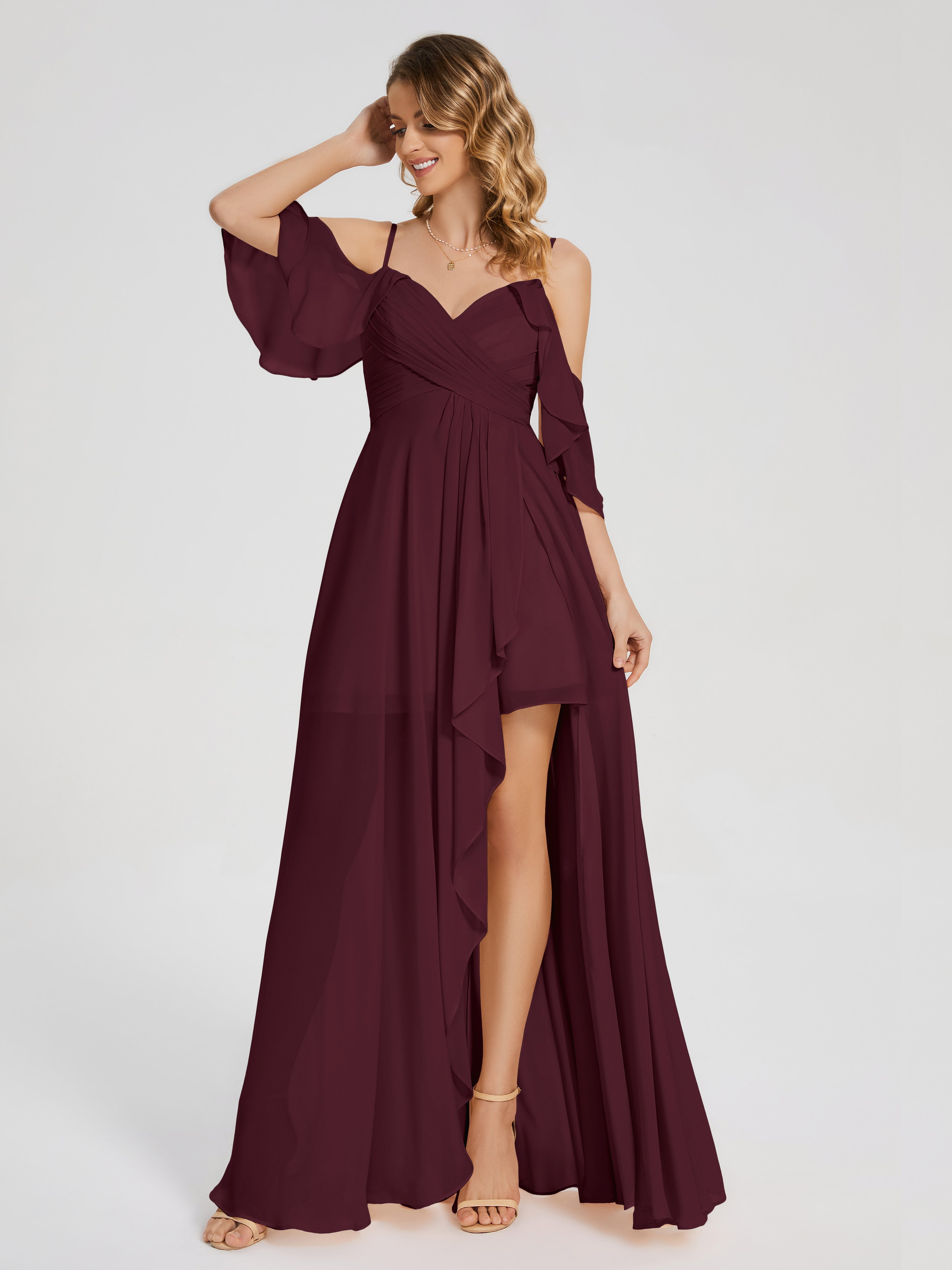 Robes De Demoiselle D'Honneur Cabernet Asymétrique Hors-La-Épaule Mousseline Robes Demoiselle D'Honneur