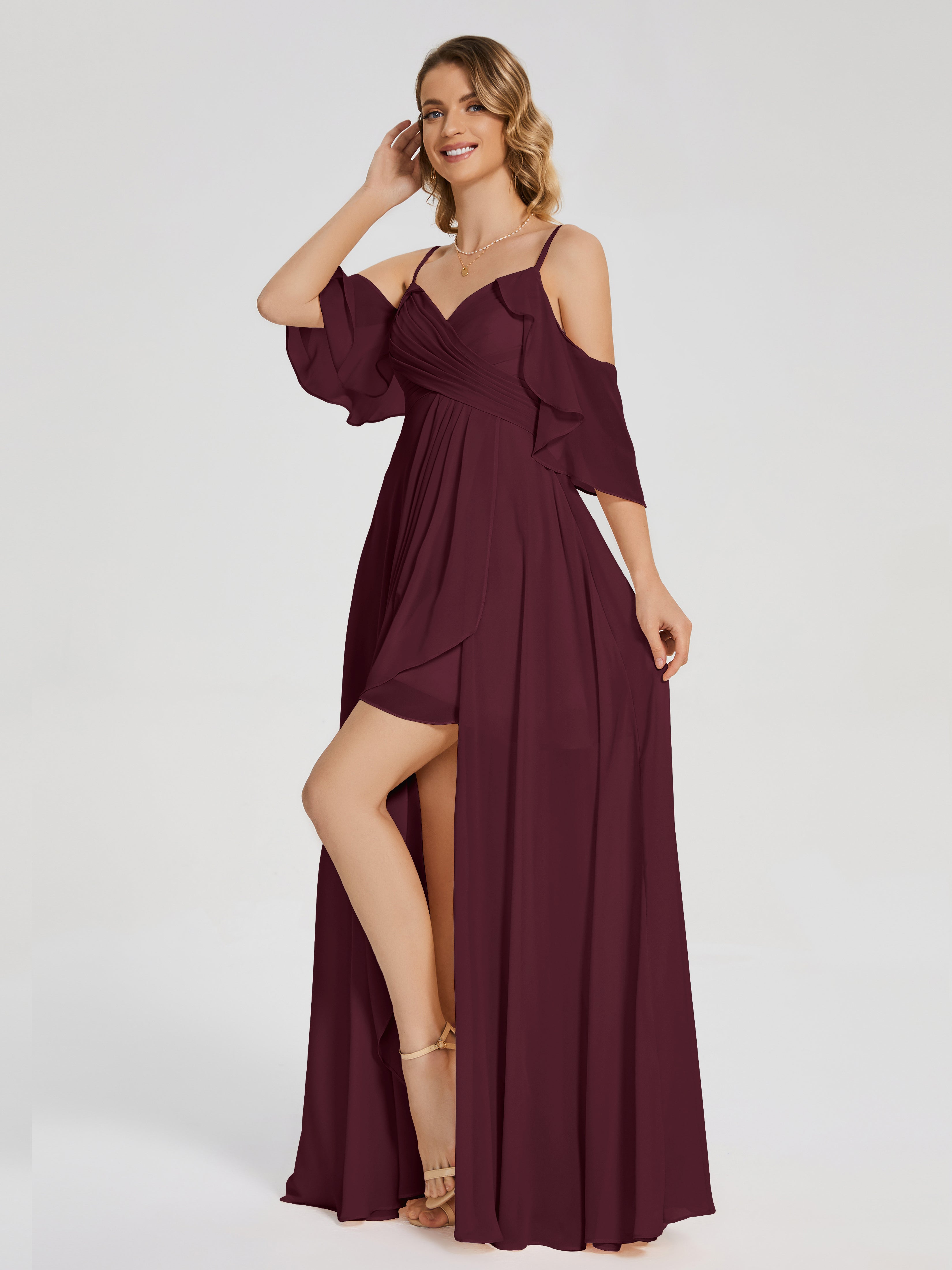 Robes De Demoiselle D'Honneur Cabernet Asymétrique Hors-La-Épaule Mousseline Robes Demoiselle D'Honneur