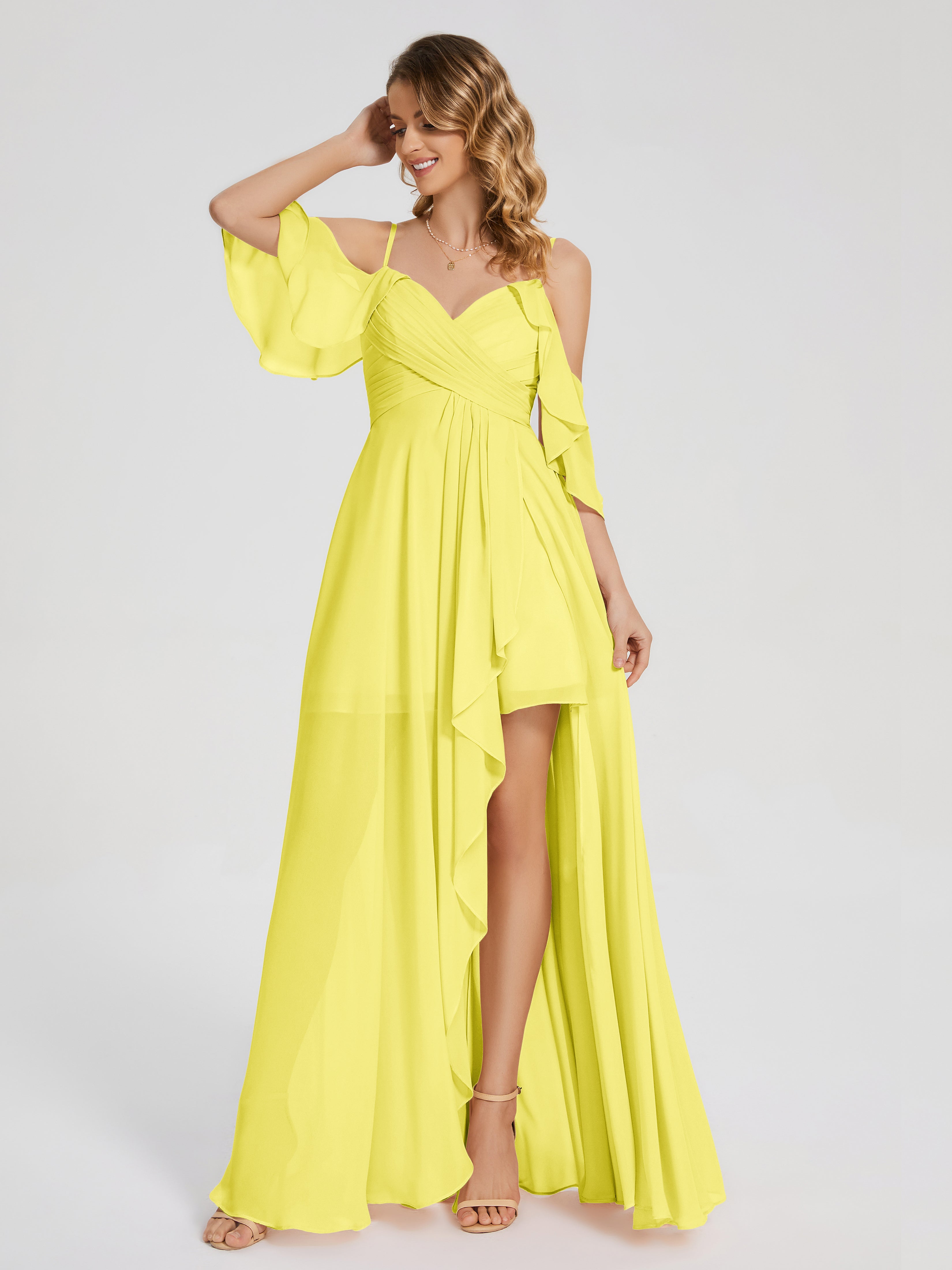 Robes De Demoiselle D'Honneur Citron Asymétrique Hors-La-Épaule Mousseline Robes Demoiselle D'Honneur