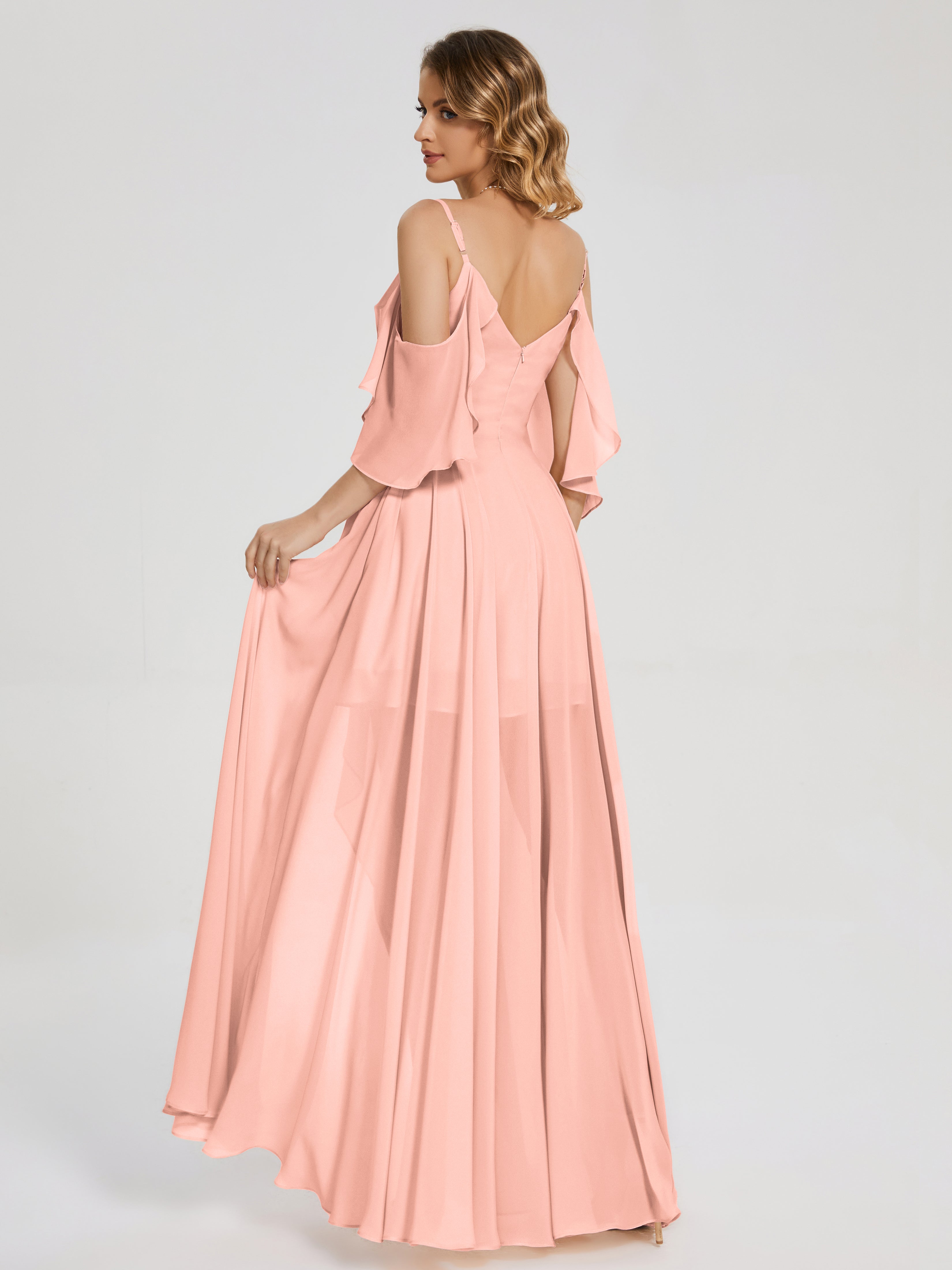 Robe Demoiselle Honneur Corail Asymétrique Hors-La-Épaule Mousseline Robes Demoiselle D'Honneur