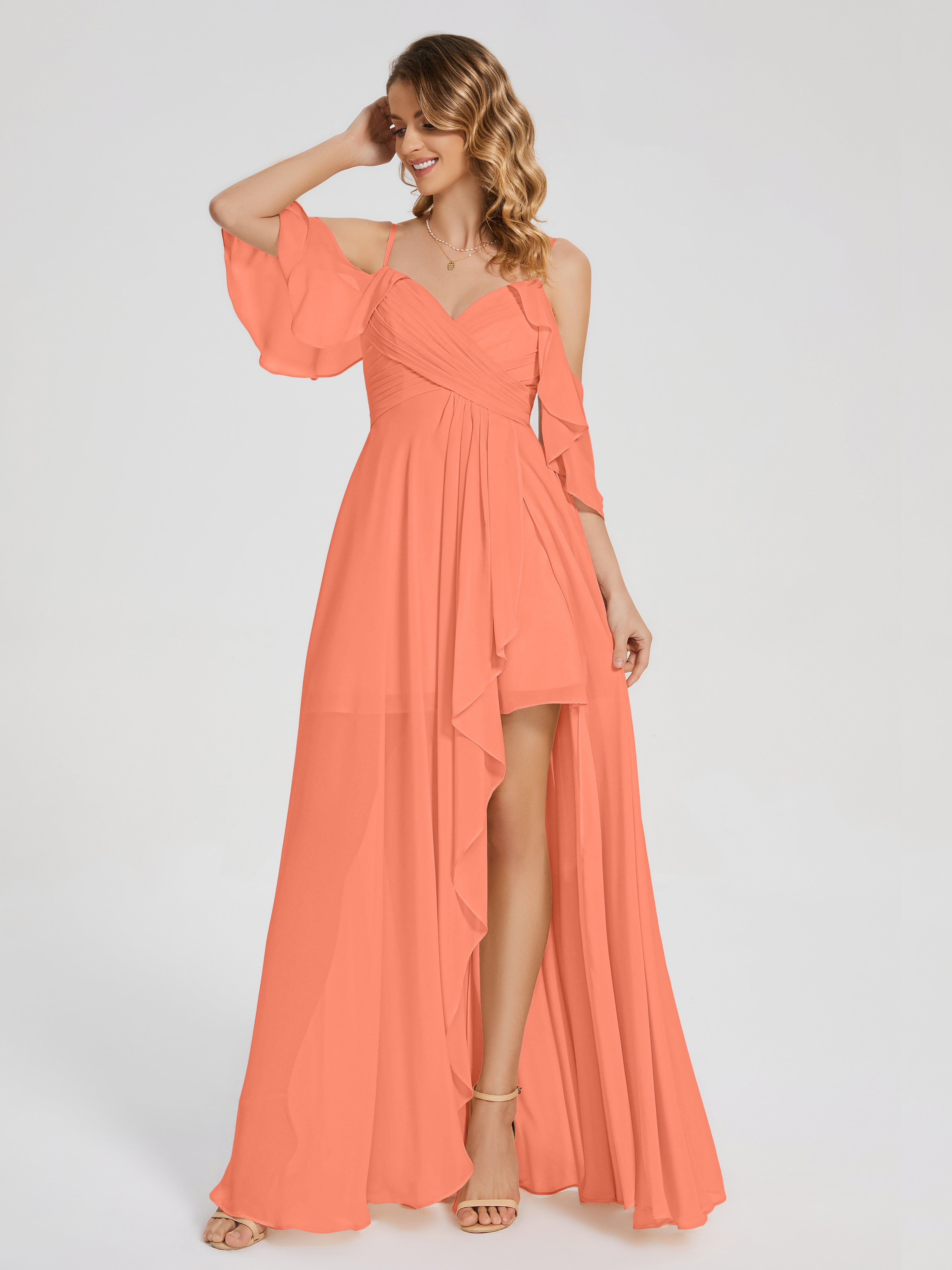 Robes De Demoiselle D'Honneur Coucher De Soleil Asymétrique Hors-La-Épaule Mousseline Robes Demoiselle D'Honneur