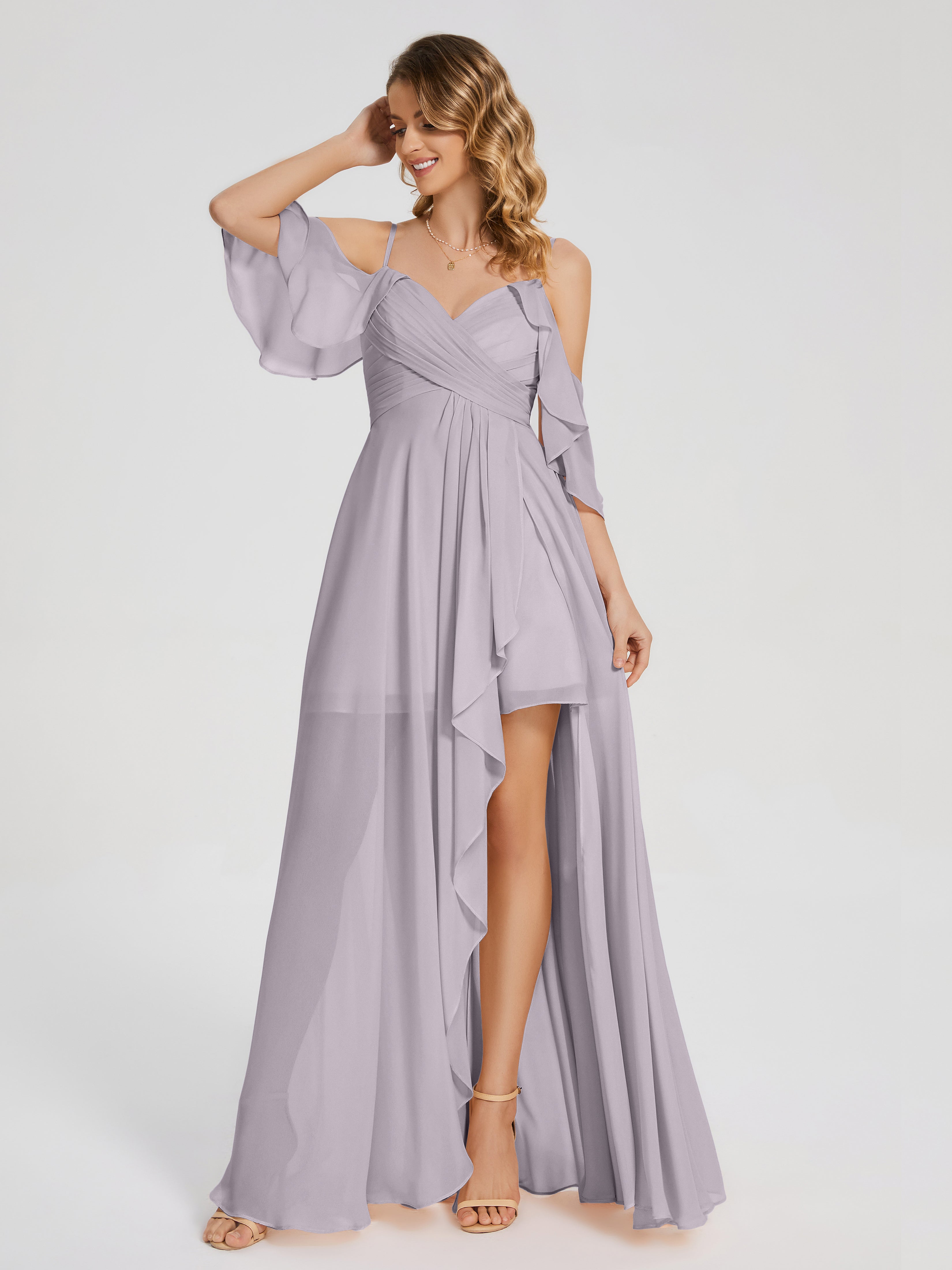 Robes De Demoiselle D'Honneur Crépuscule Asymétrique Hors-La-Épaule Mousseline Robes Demoiselle D'Honneur