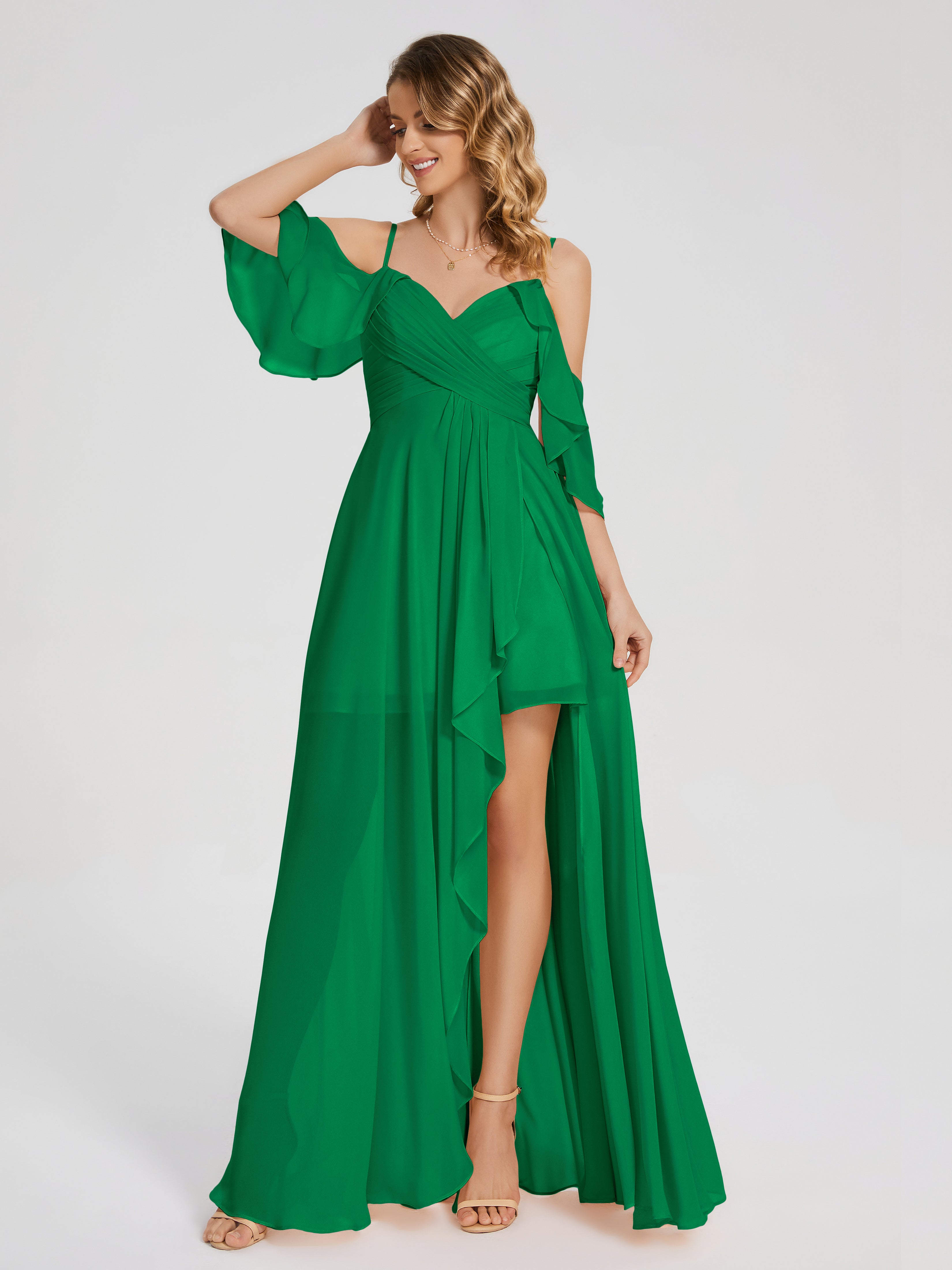 Robes De Demoiselle D'Honneur Émeraude Asymétrique Hors-La-Épaule Mousseline Robes Demoiselle D'Honneur