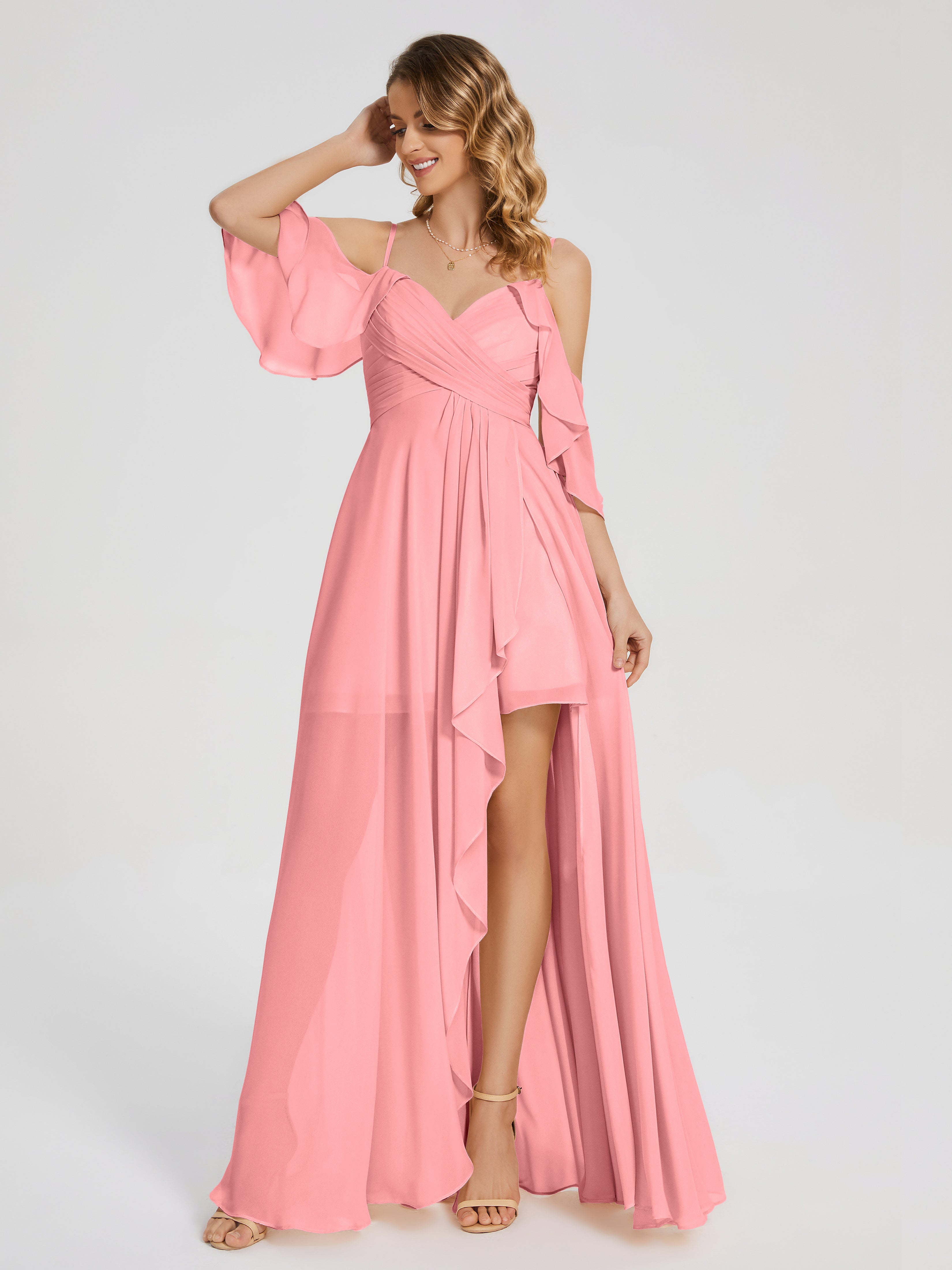 Robes De Demoiselle D'Honneur En Flamant Asymétrique Hors-La-Épaule Mousseline Robes Demoiselle D'Honneur