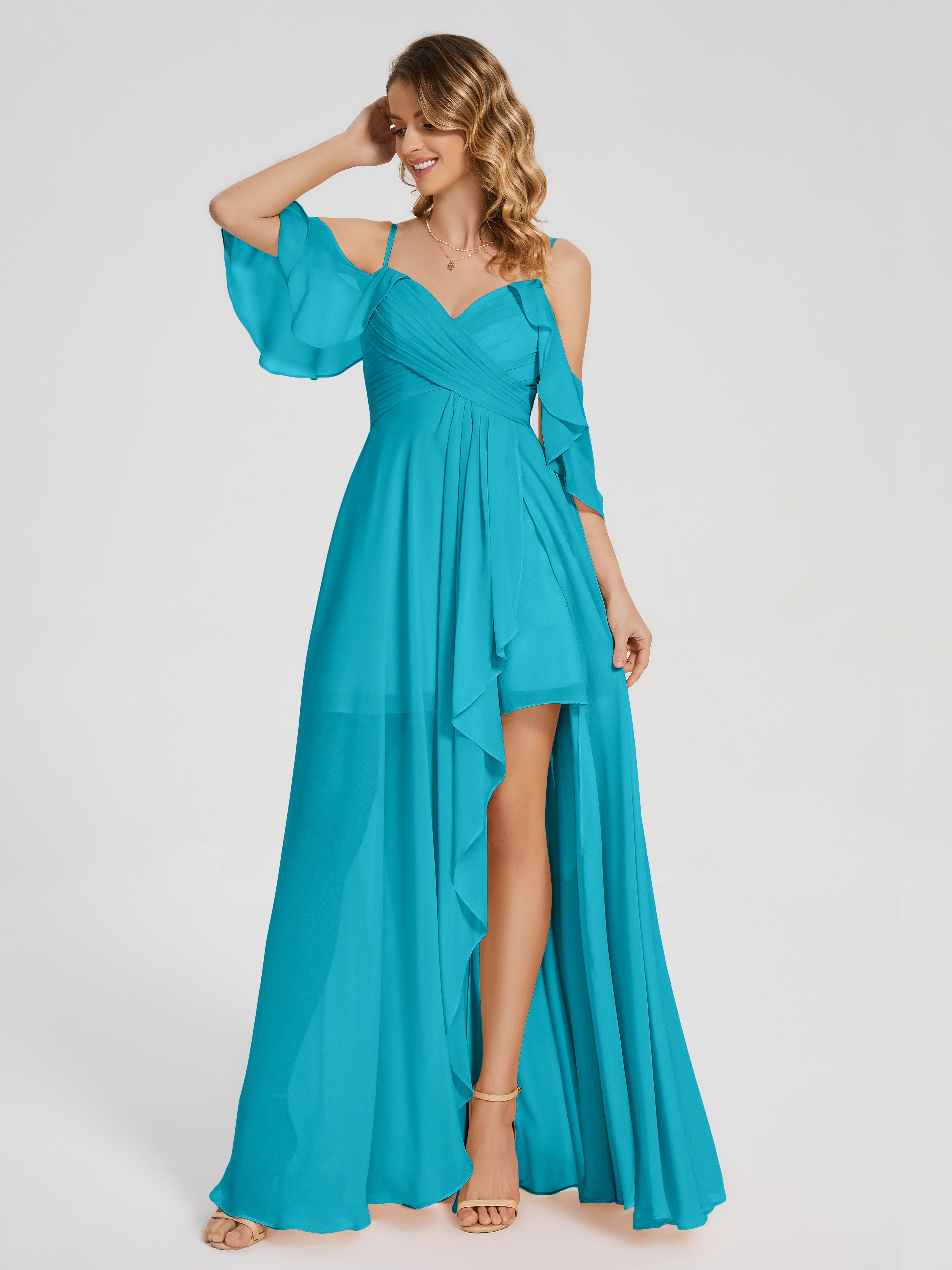 Robes De Demoiselle D'Honneur Vert Jade Asymétrique Hors-La-Épaule Mousseline Robes Demoiselle D'Honneur