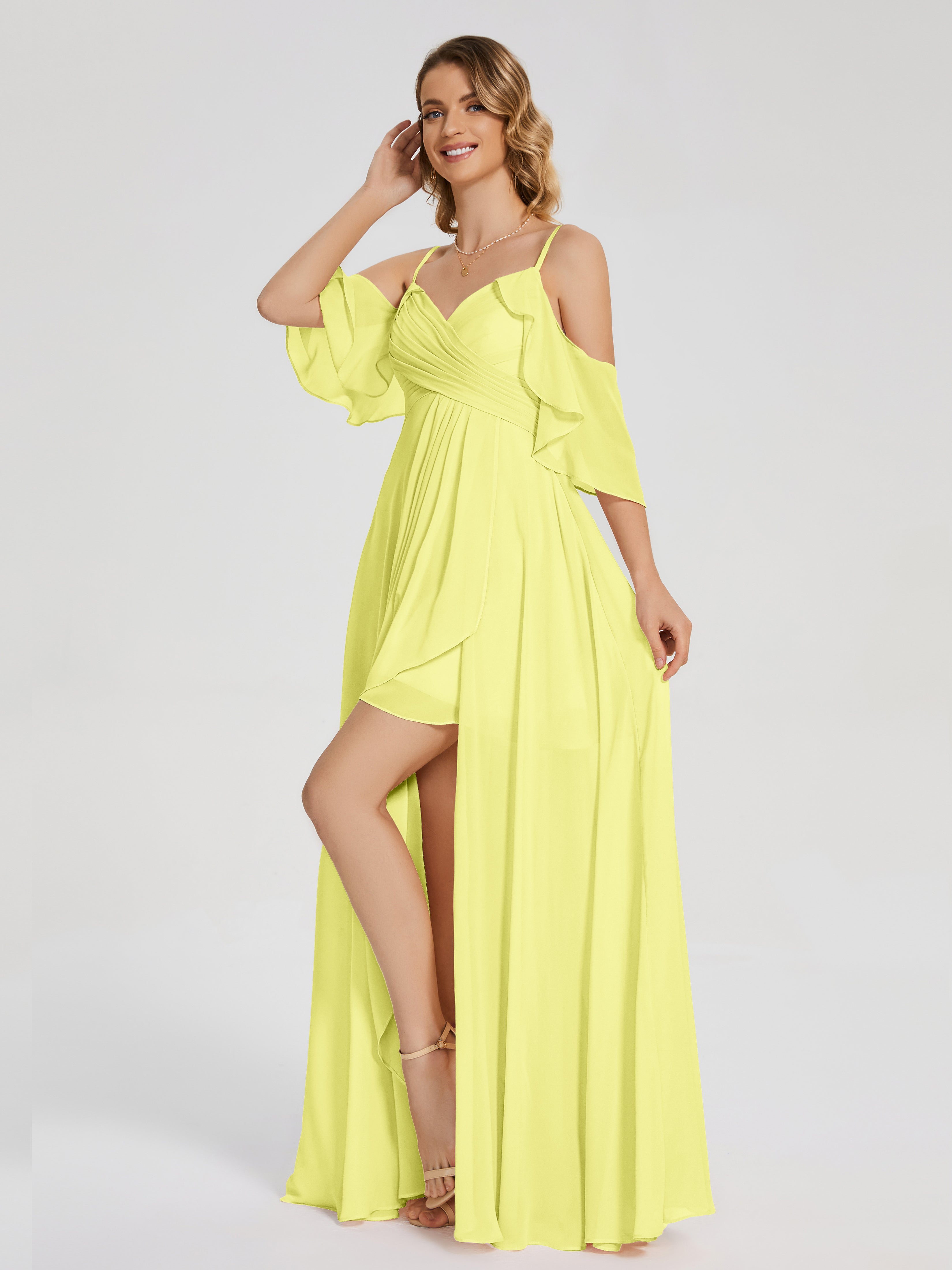 Robes De Demoiselle D'Honneur Jonquille Asymétrique Hors-La-Épaule Mousseline Robes Demoiselle D'Honneur