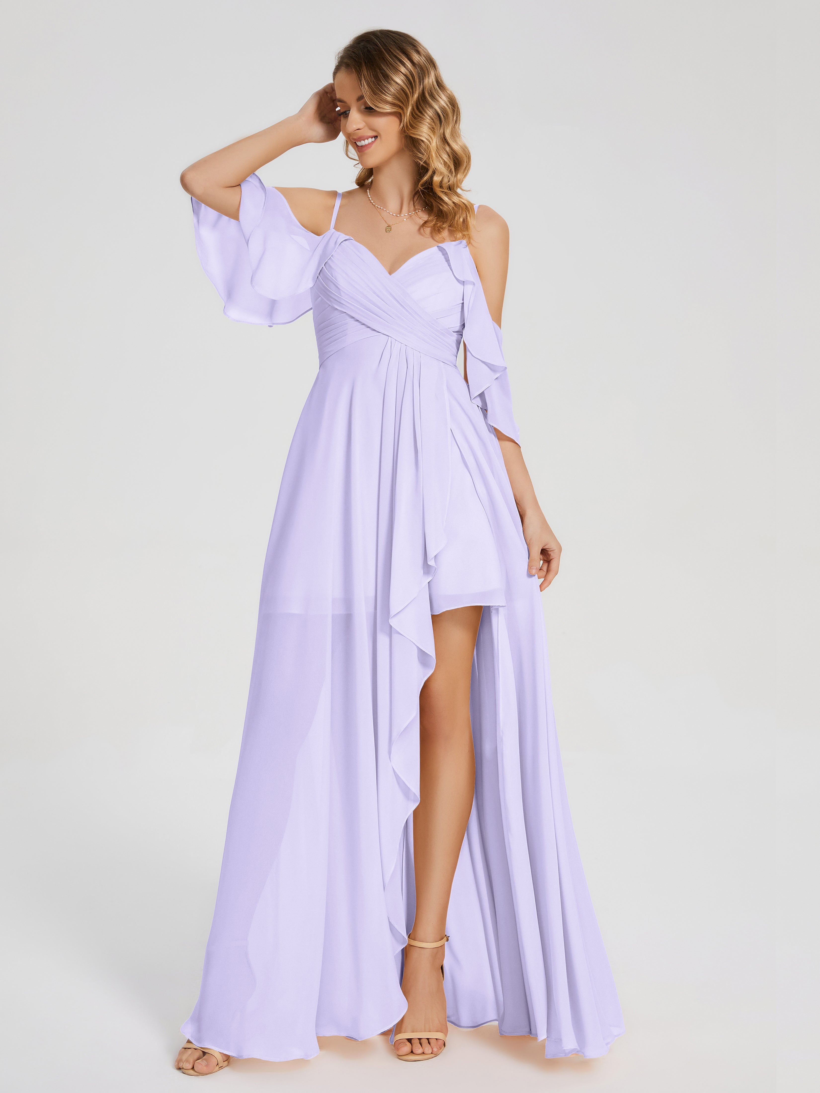 Robes De Demoiselle D'Honneur Lilas Asymétrique Hors-La-Épaule Mousseline Robes Demoiselle D'Honneur