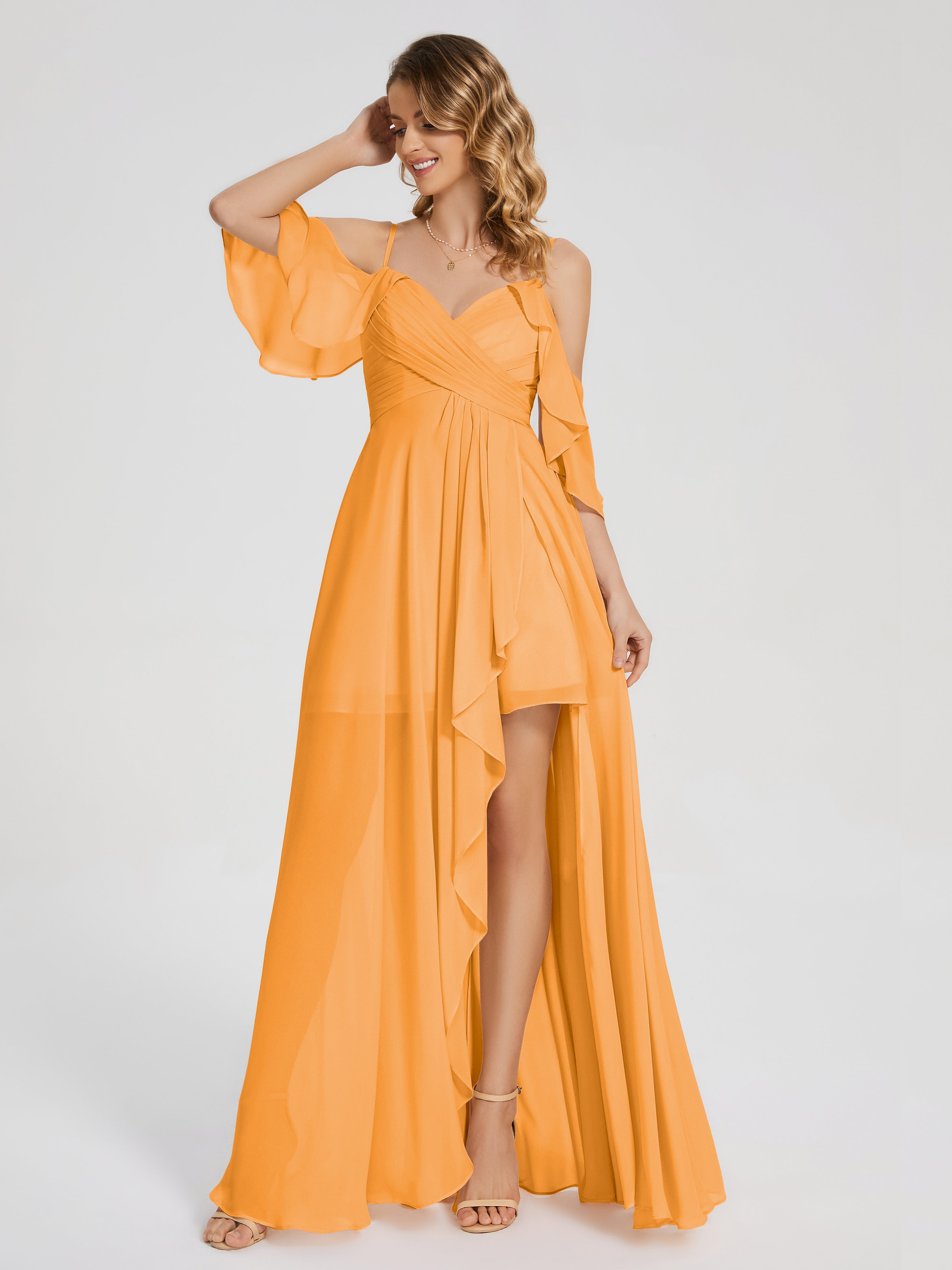 Robes De Demoiselle D'Honneur Mandarine Asymétrique Hors-La-Épaule Mousseline Robes Demoiselle D'Honneur