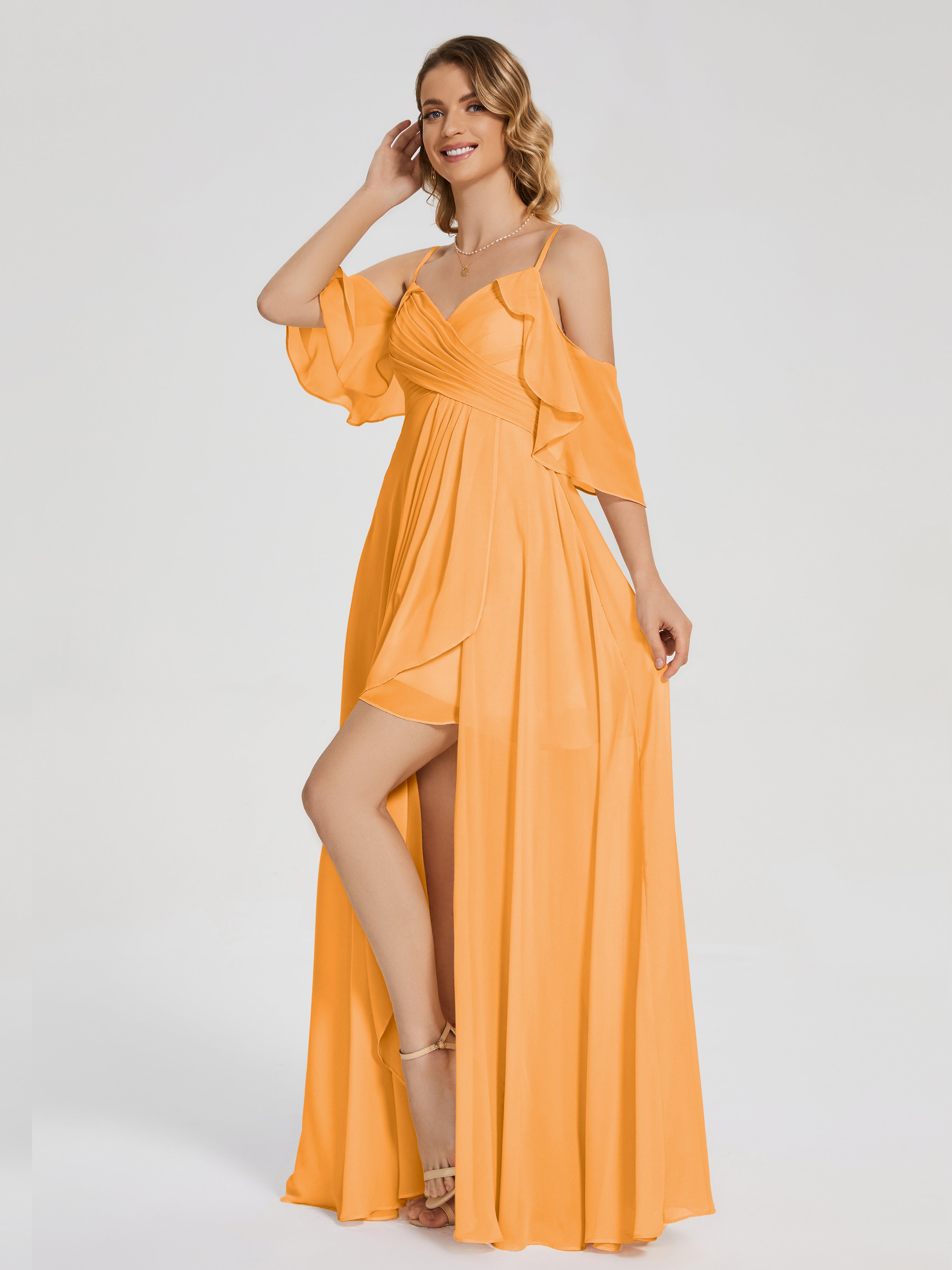 Robes De Demoiselle D'Honneur Mandarine Asymétrique Hors-La-Épaule Mousseline Robes Demoiselle D'Honneur