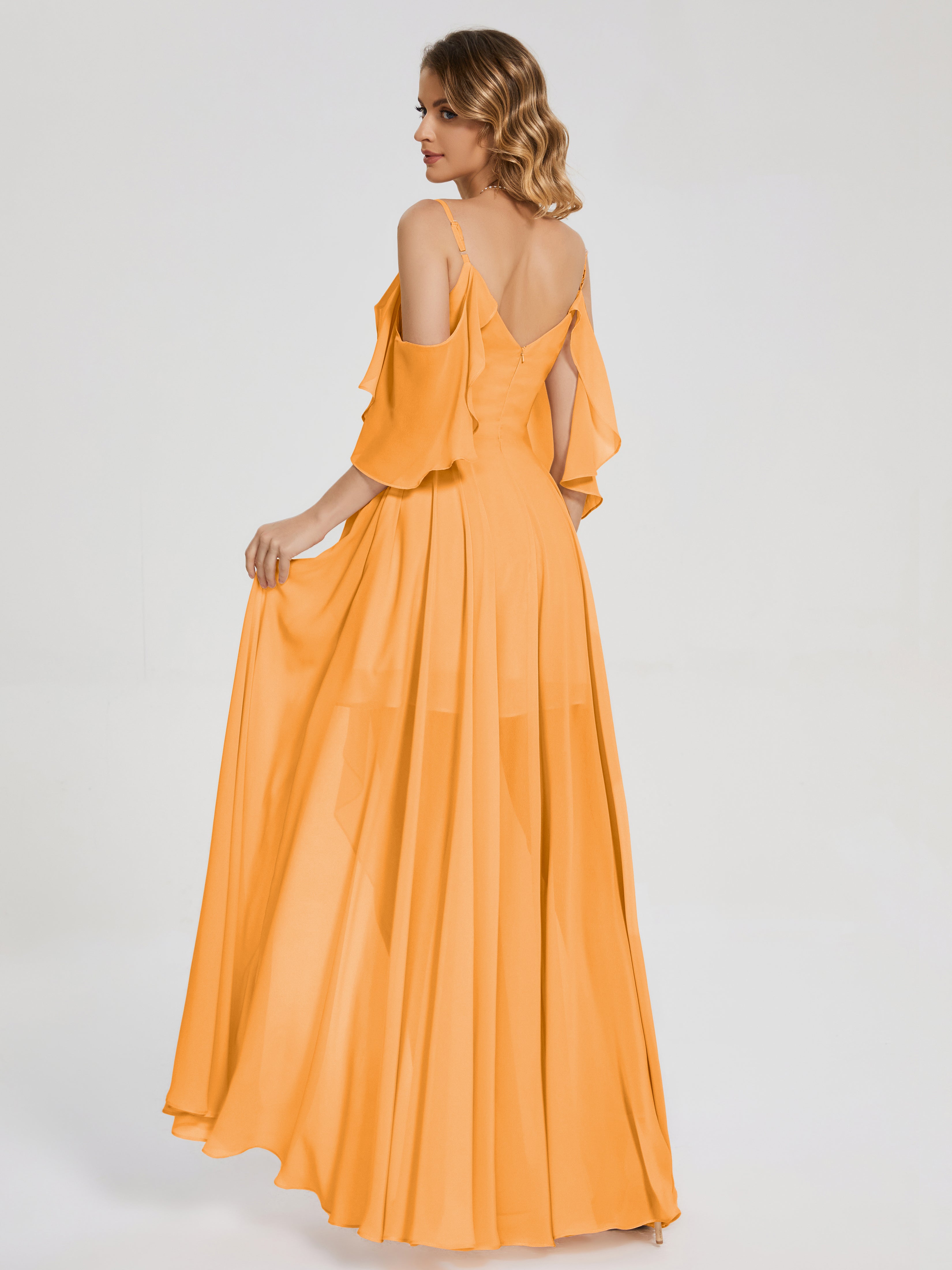 Robes De Demoiselle D'Honneur Mandarine Asymétrique Hors-La-Épaule Mousseline Robes Demoiselle D'Honneur